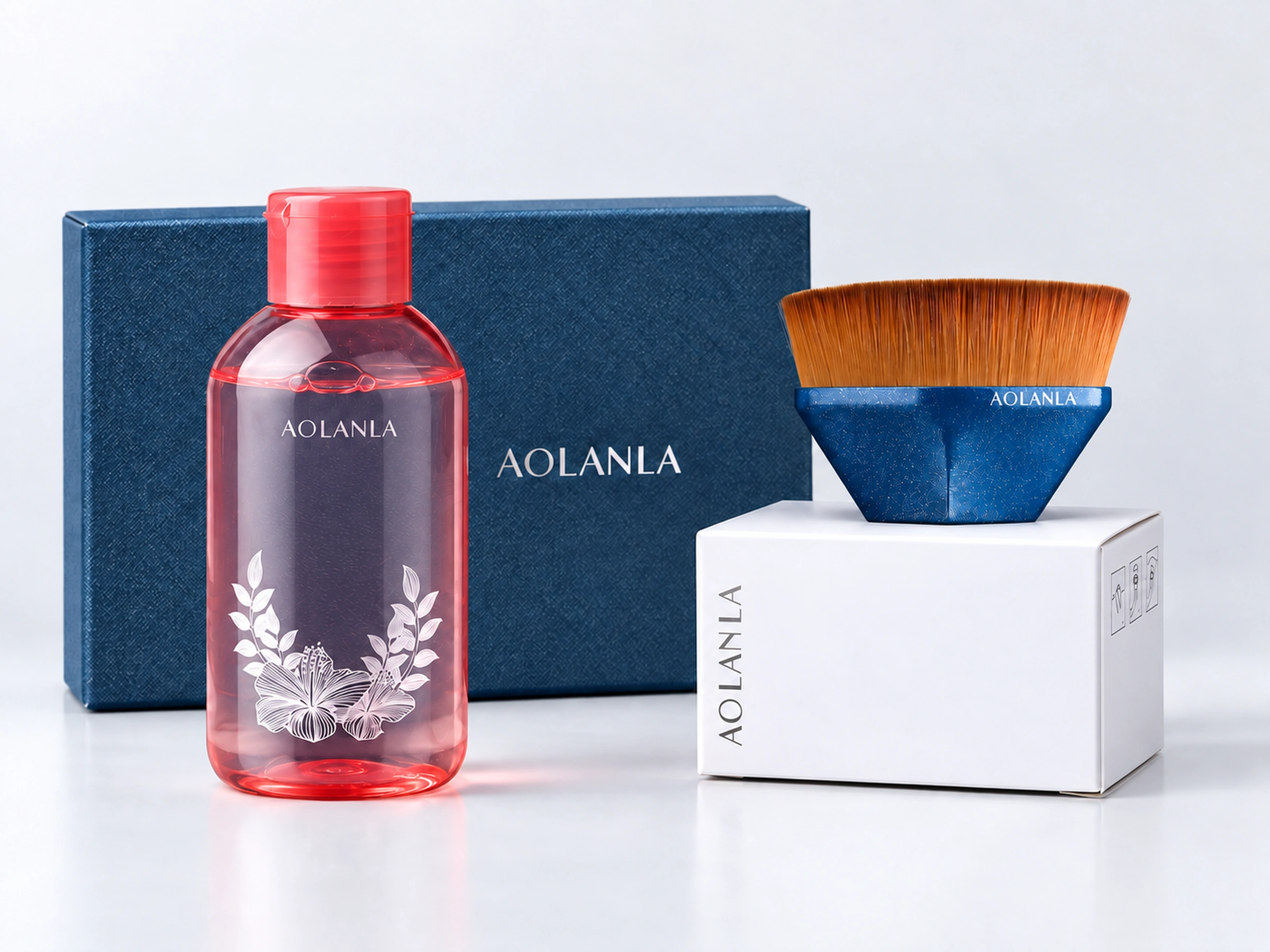 One No.55 blue foundation brush with one red-capped 150 ml cleanser bottle and its blue and white packaging