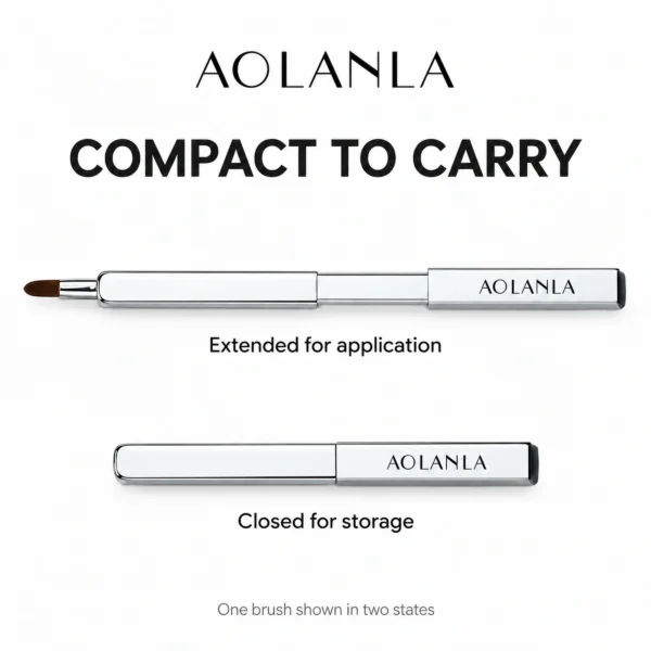 Silver integrated retractable lip brush shown extended and closed without misleading length rulers Silver integrated retractable lip brush in two states