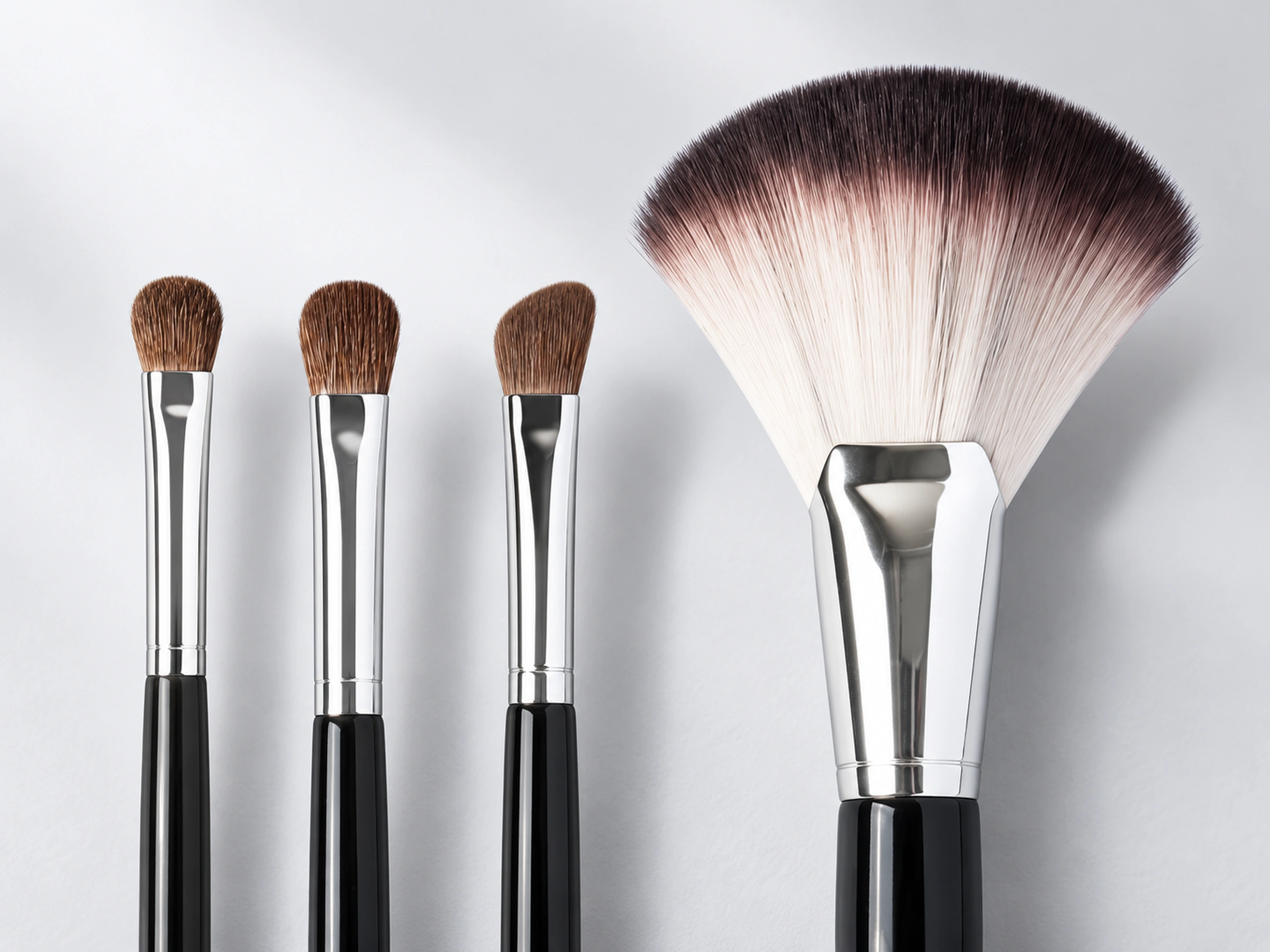 Four material examples from the collection: three brown pony-hair eye brushes and the large layered synthetic No.92 fan brush, with black handles