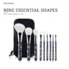 Nine upright Blue Sakura makeup brush shapes for face and eyes
