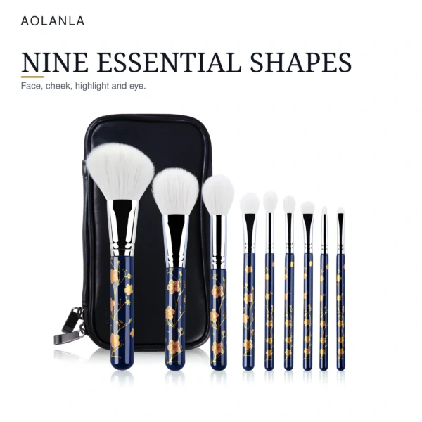 Nine upright Blue Sakura makeup brush shapes for face and eyes