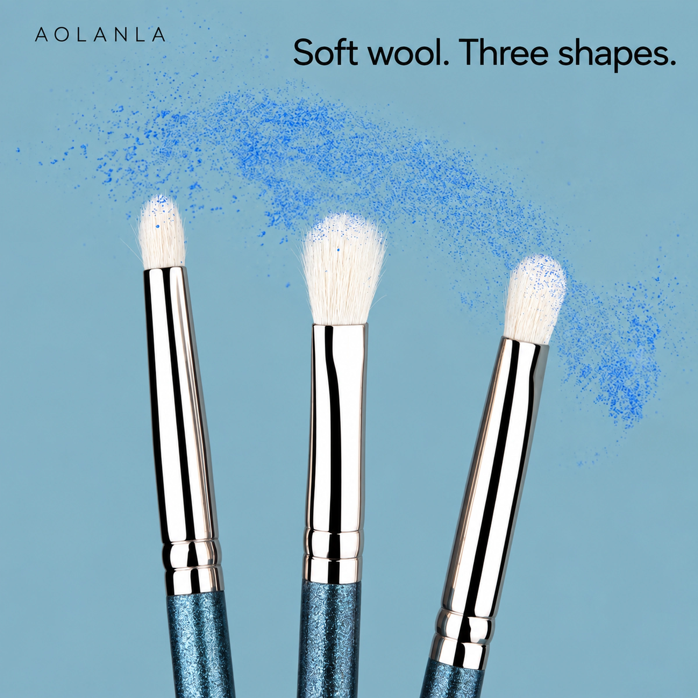 Three white wool brush-head shapes with loose blue powder
