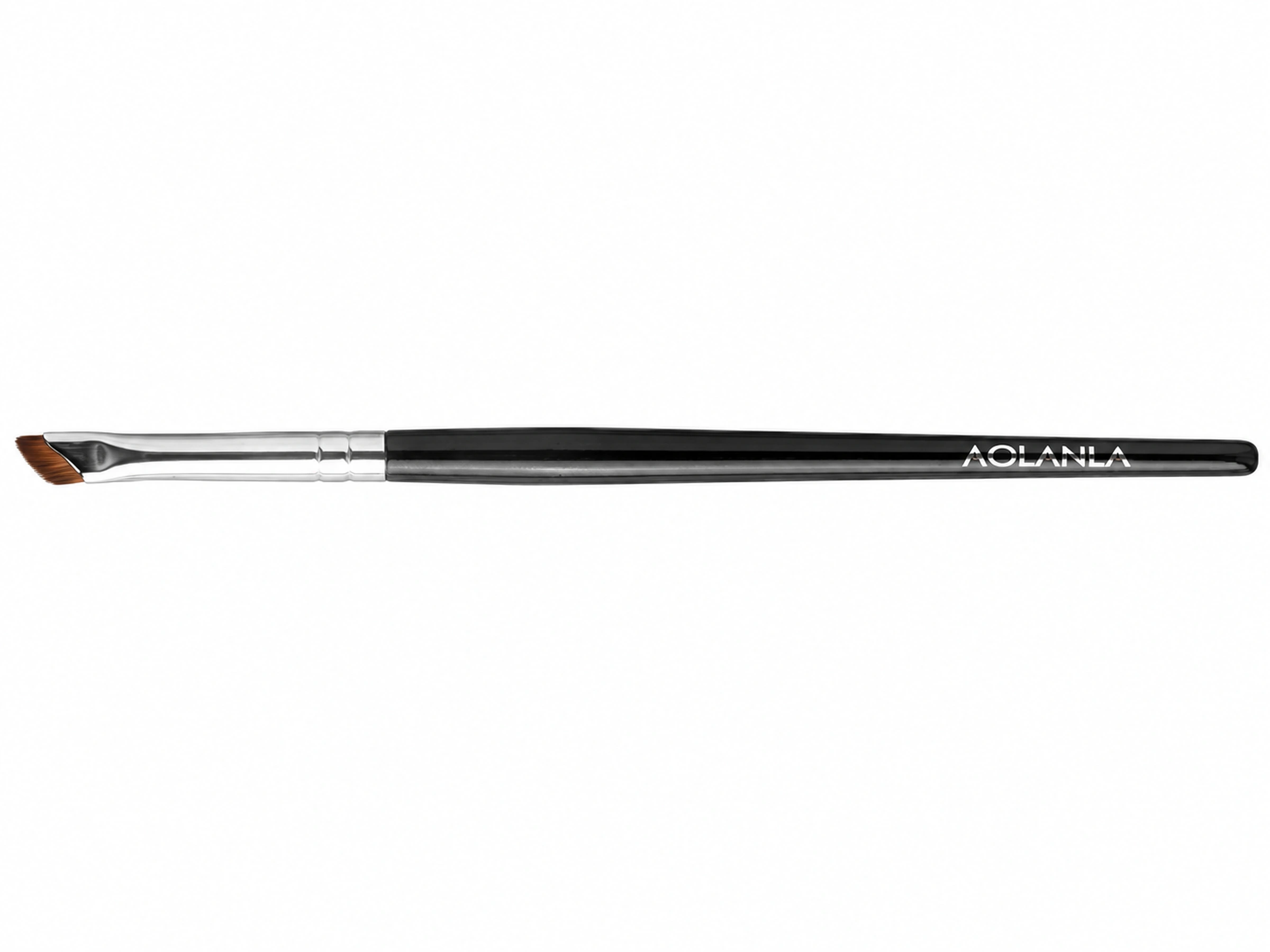 Complete single A2304 small sickle brush shown horizontally with its actual head, silver ferrule and glossy black handle