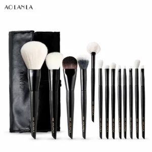AOLANLA Black 13-Piece Brush Set with black storage roll, complete set on white