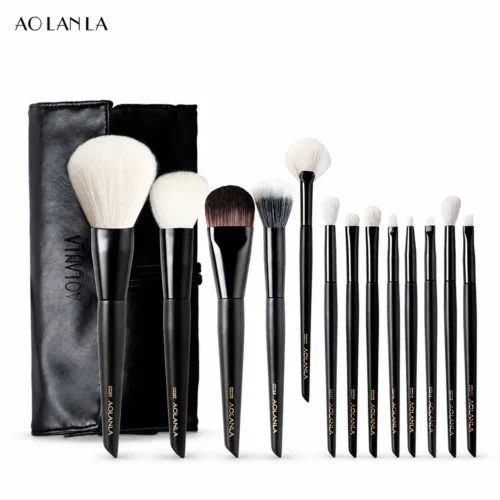 AOLANLA Black 13-Piece Brush Set with black storage roll, complete set on white