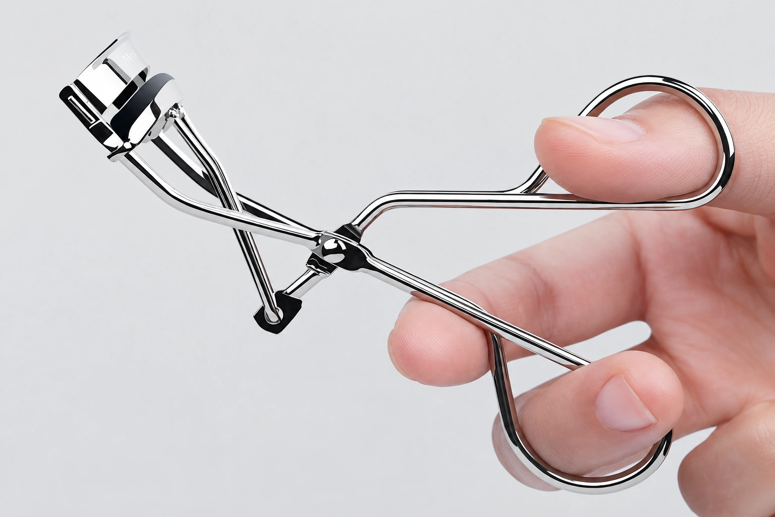 One hand holding the silver curler with its open jaw and balanced finger loops fully visible