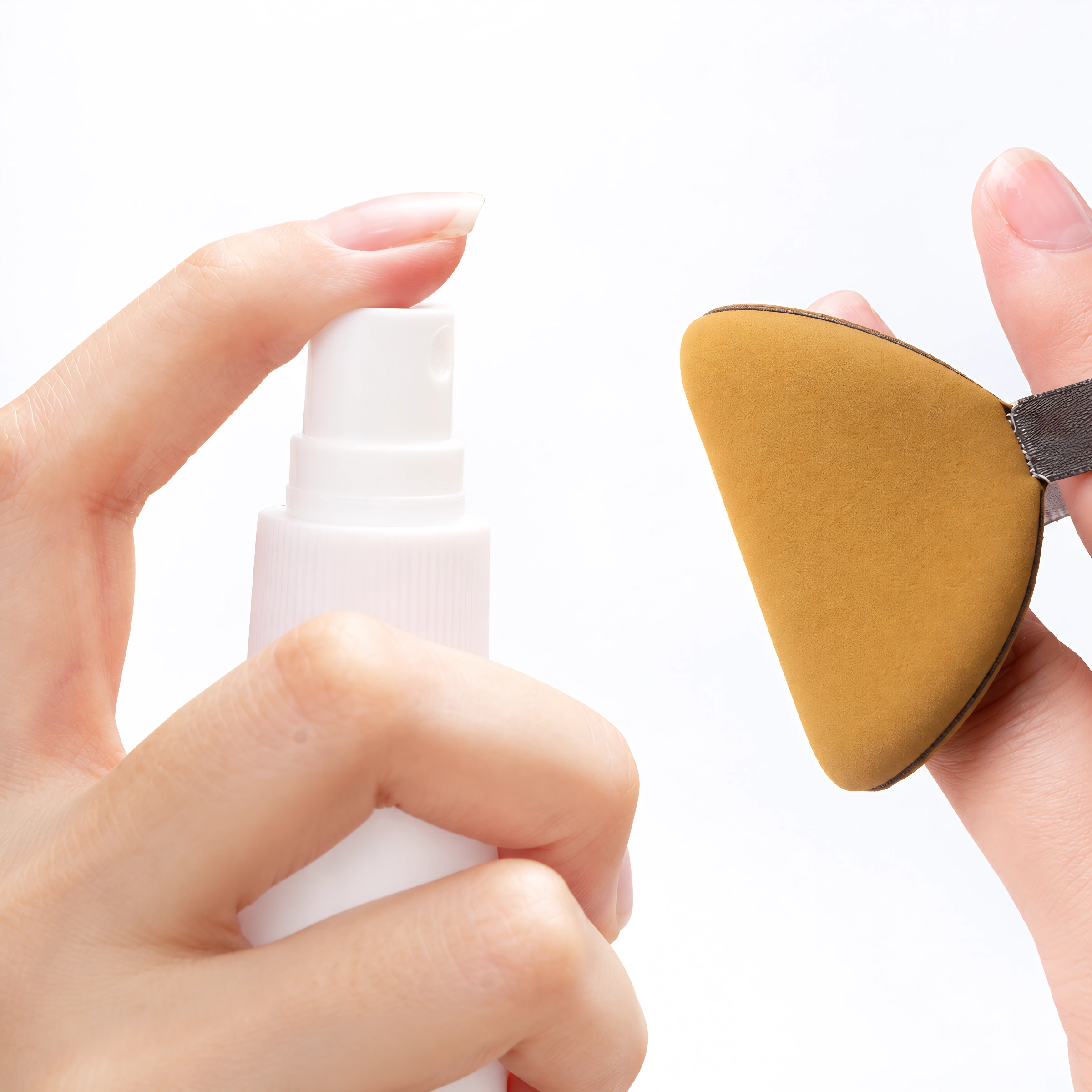 A light mist being directed towards the ochre puff before use
