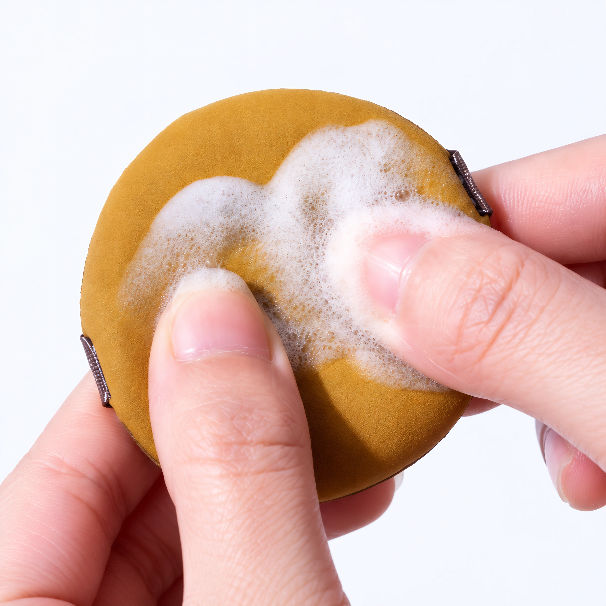 Hands gently pressing cleanser foam into an ochre puff