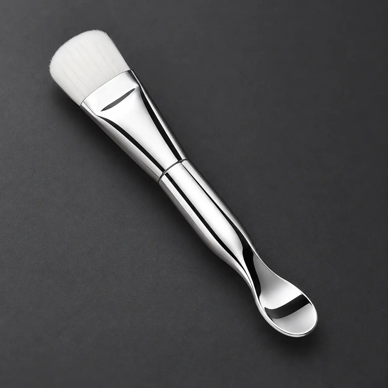 Short all-metal dual-ended brush with white bristles and silver scoop