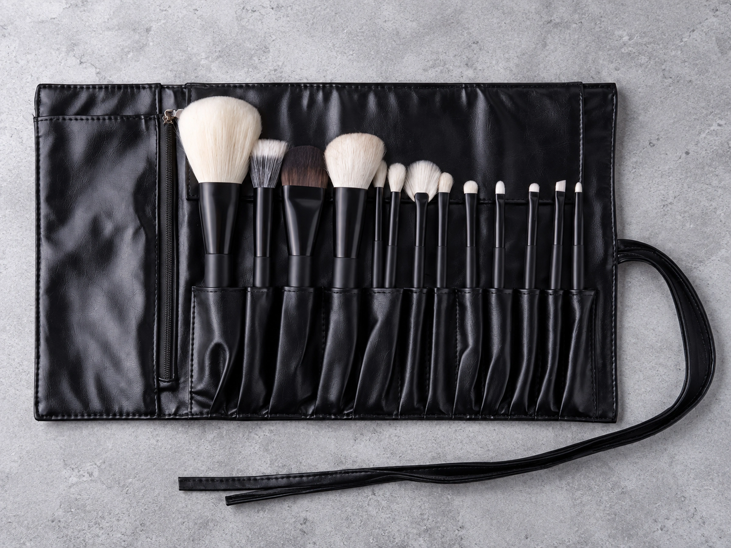 All13 original black brushes in their black storage roll