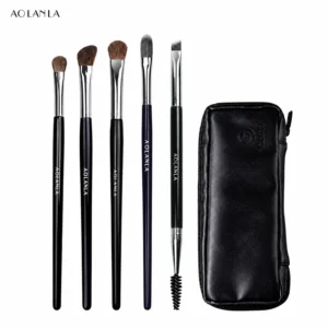 Five complete black AOLANLA brushes and closed black zipper pouch on white