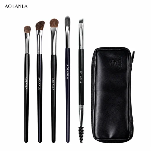Five complete black AOLANLA brushes and closed black zipper pouch on white