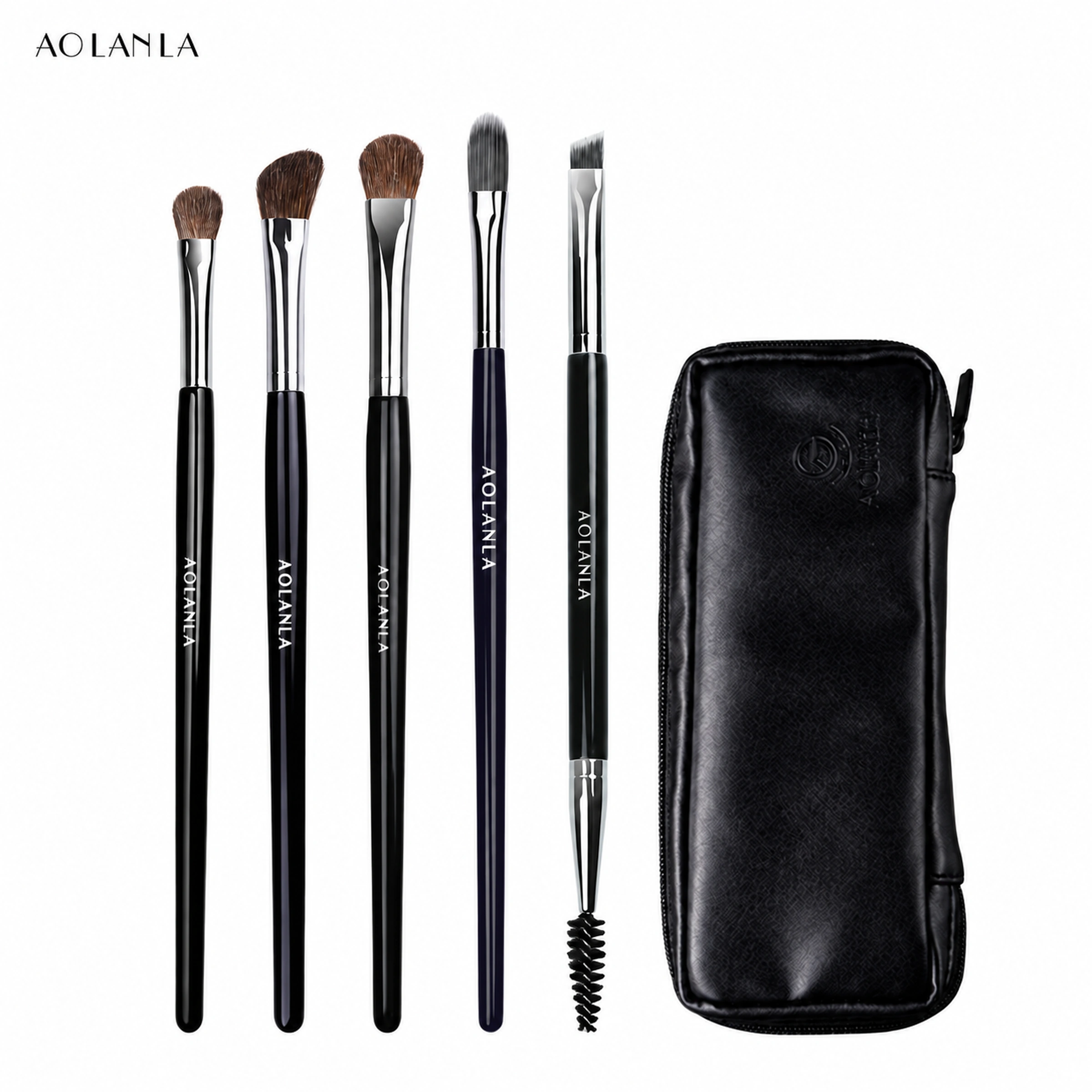 Five complete black AOLANLA brushes and closed black zipper pouch on white
