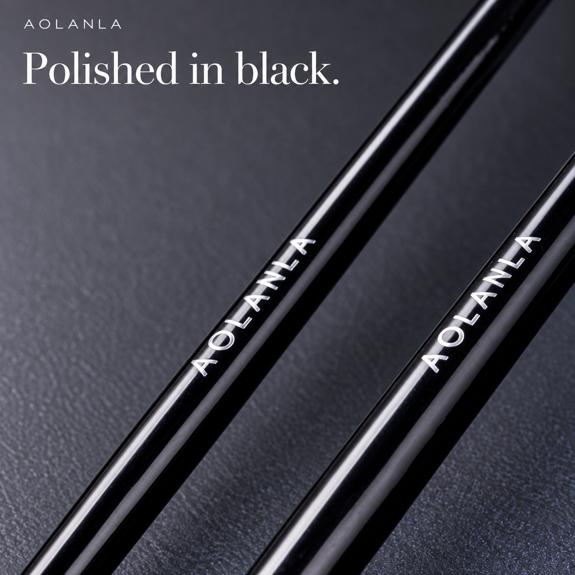 Glossy black handles with silver lettering