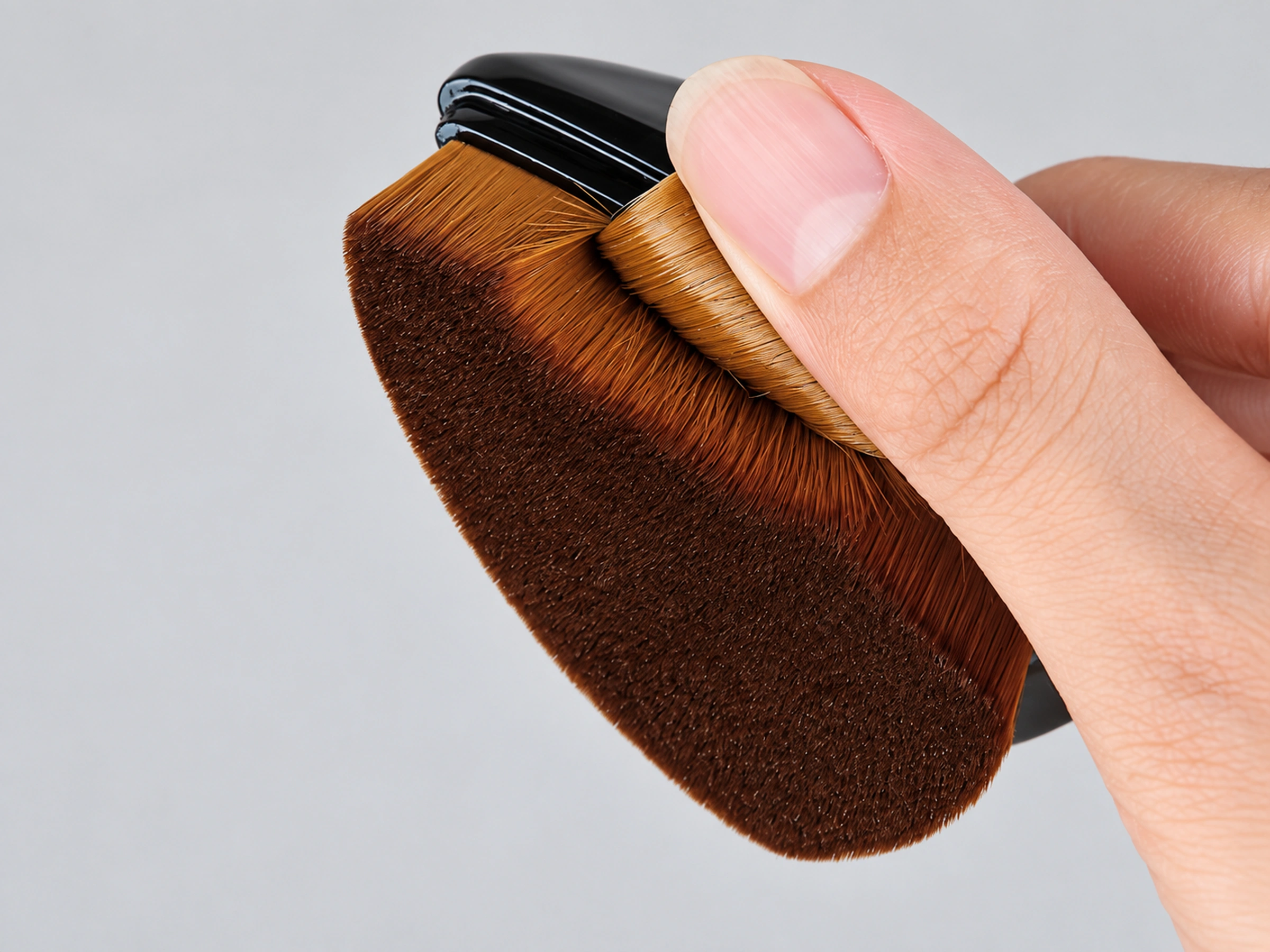 Original golden-tan synthetic fibres and darker working face flexing gently beneath a thumb