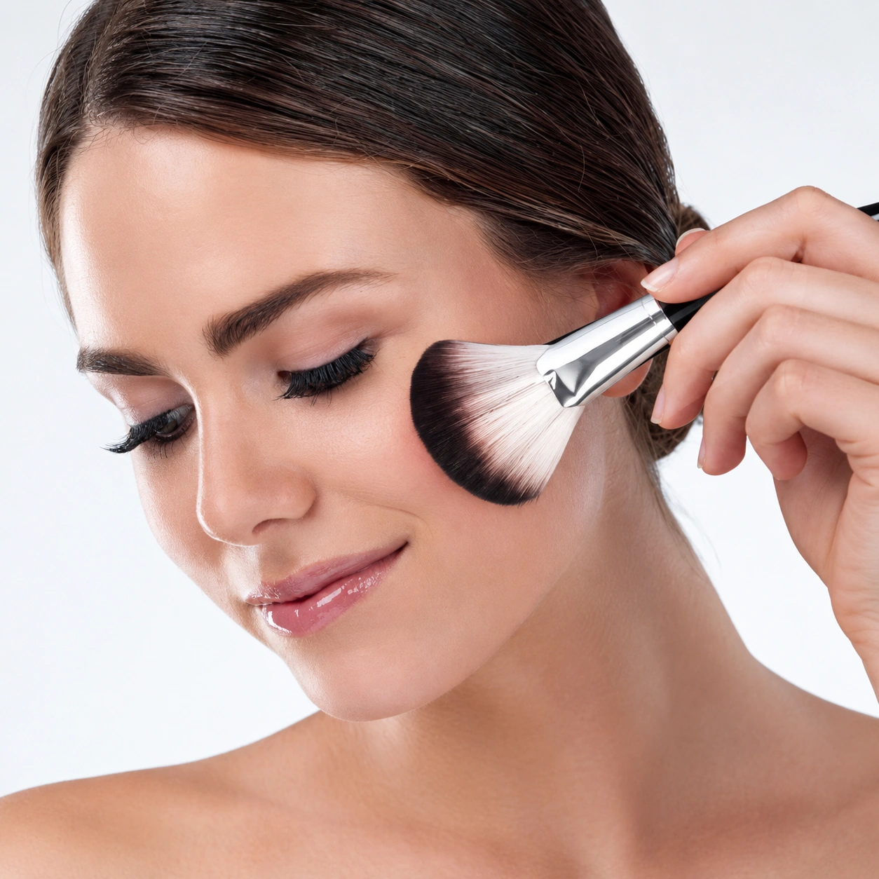 AOLANLA number 92 fan brush sweeping gently along the cheek, with its complete fan head visible