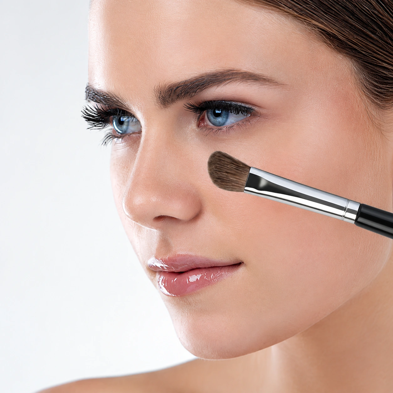 AOLANLA number 13 compact brown pony-hair brush demonstrating precise placement beside the nose