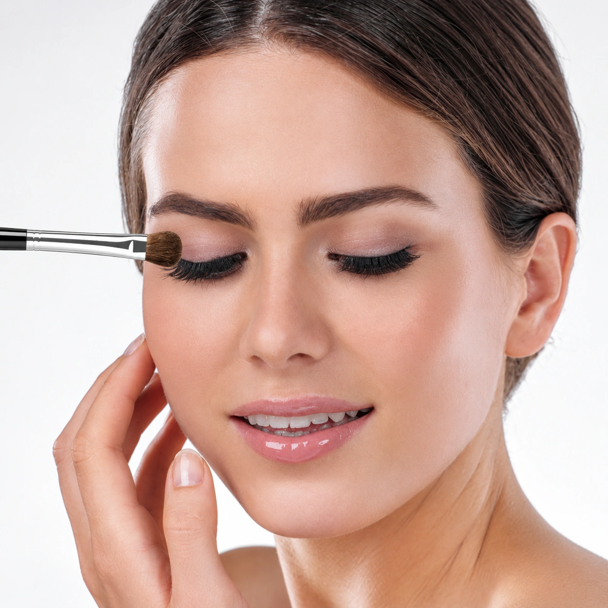 AOLANLA number 14 brown eyeshadow brush applying colour to a closed eyelid