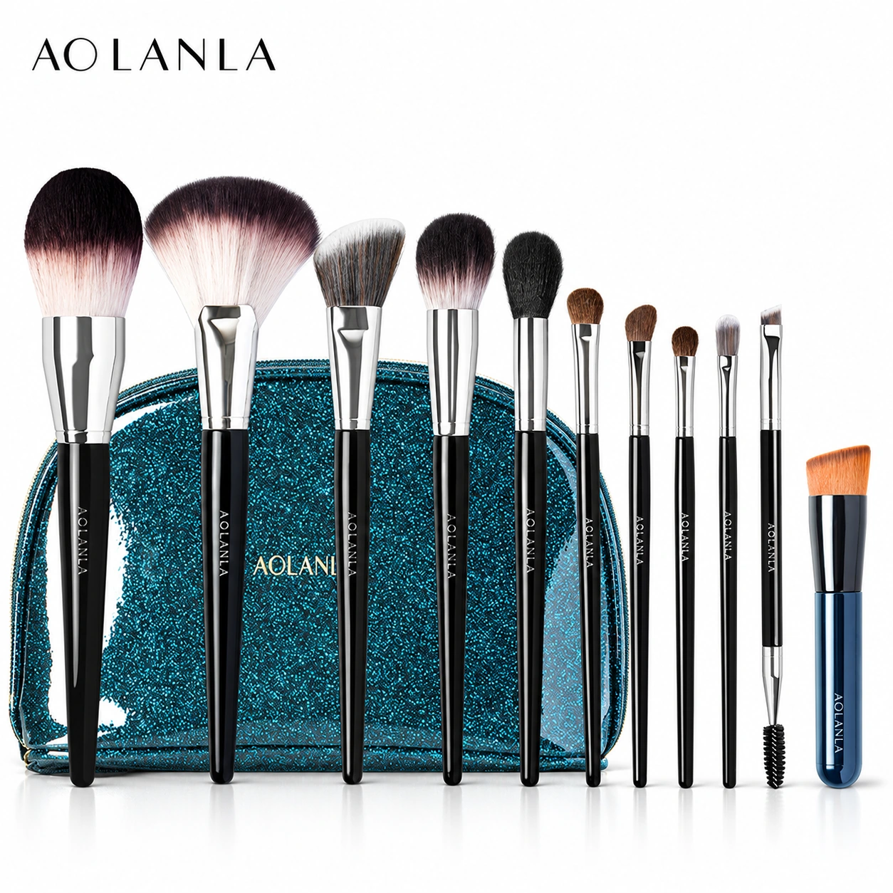 Complete AOLANLA eleven-brush set: ten black-handled brushes, one blue retractable foundation brush and a blue zippered makeup bag