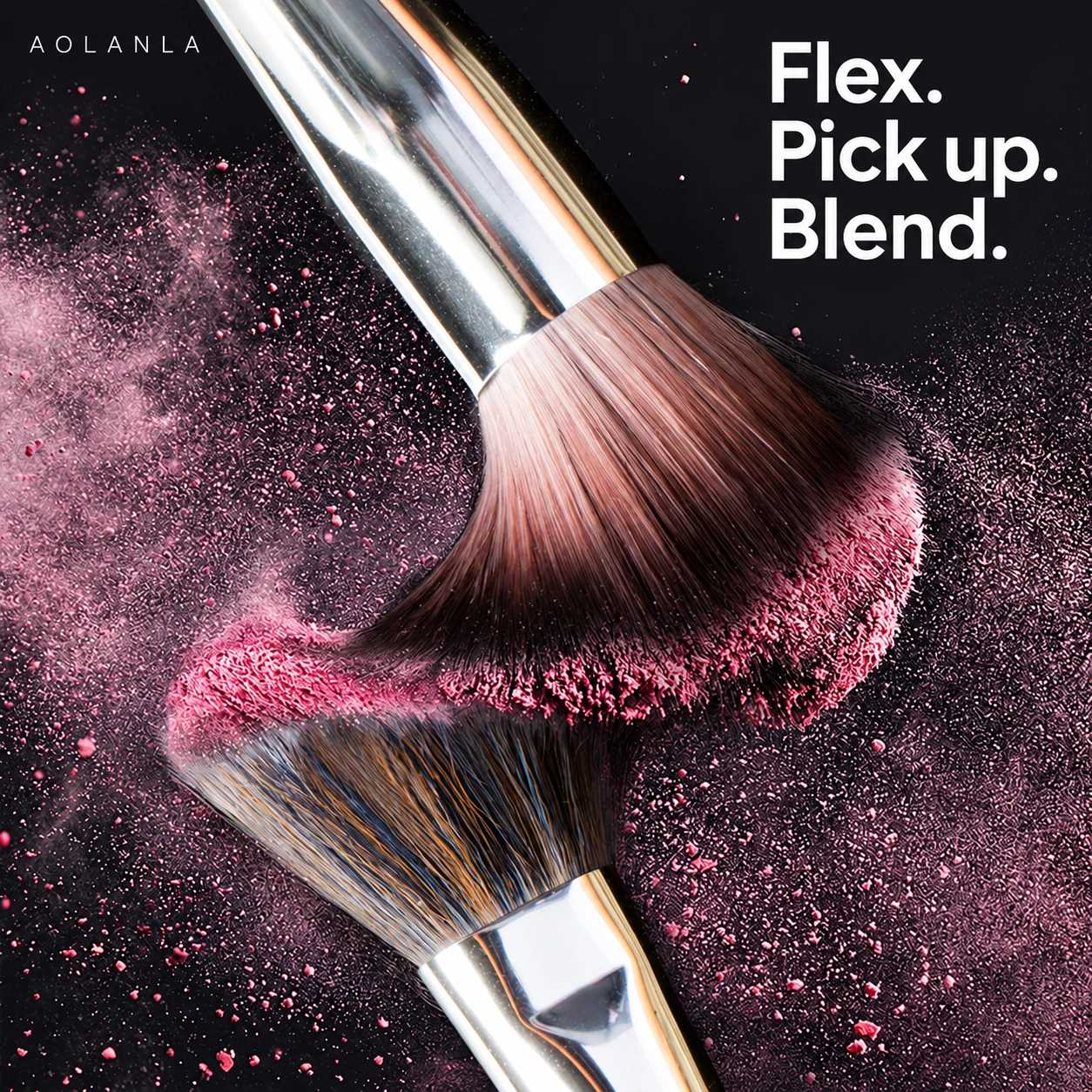 AOLANLA brush fibres flexing against pink powder, with polished silver ferrules