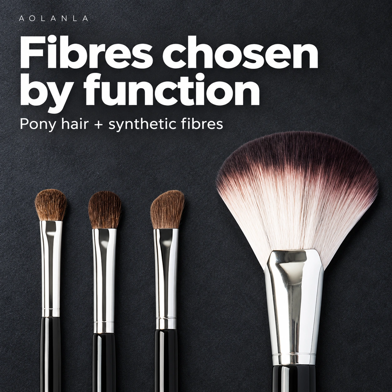 Three brown pony-hair detail brush heads and one synthetic fan brush head