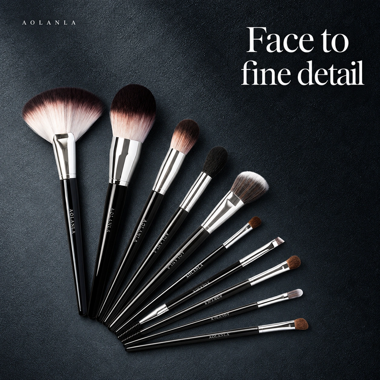 Ten full-length black-handled AOLANLA brushes arranged by size and function