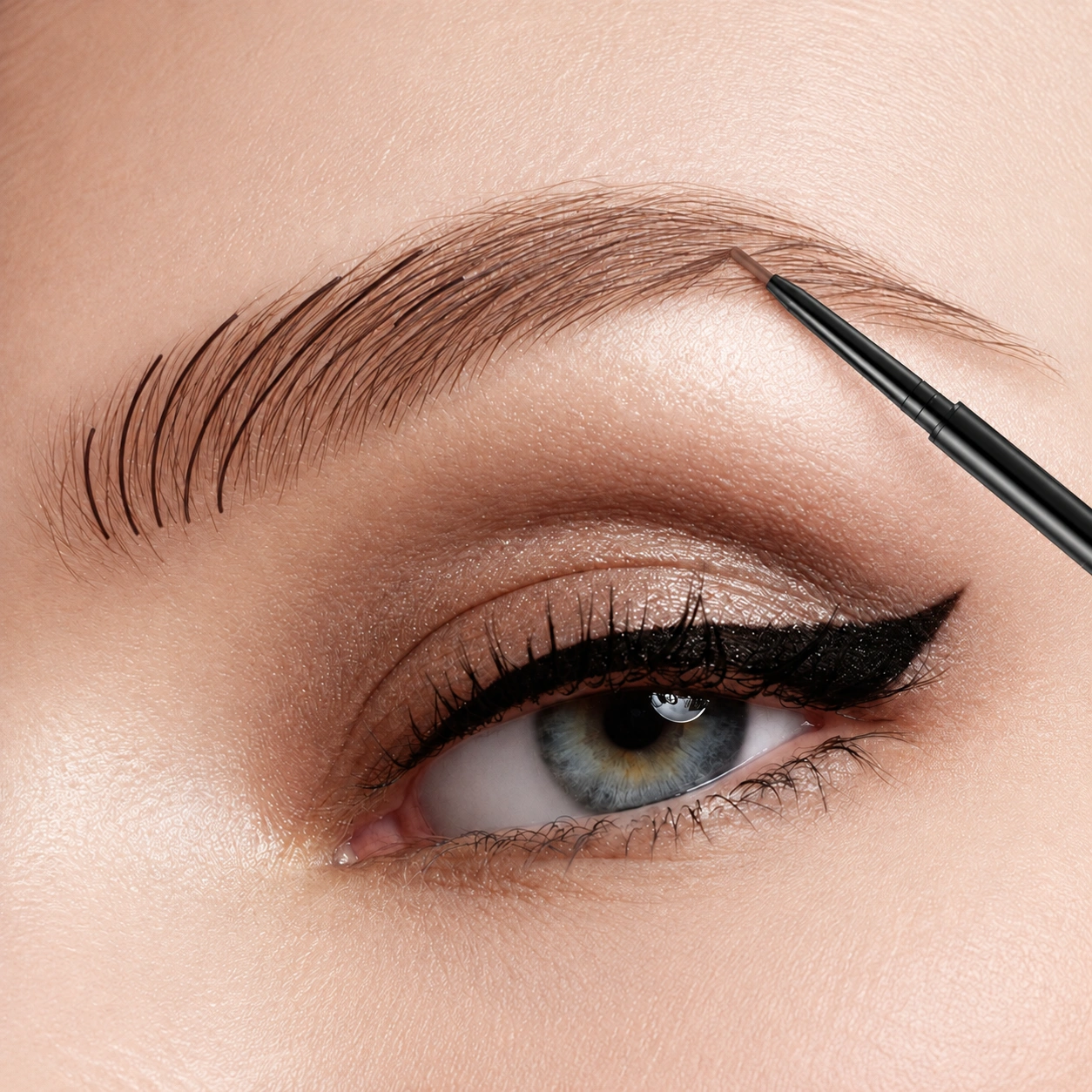Fine brow pencil beside eyebrow arch showing light-stroke technique