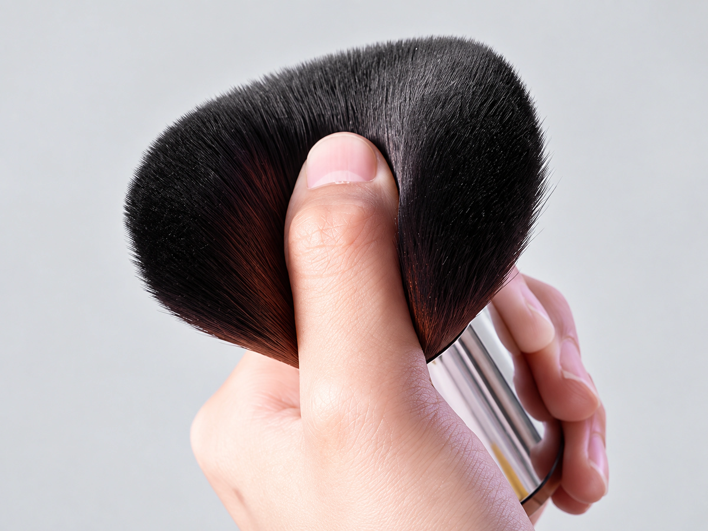 Original No124 rounded black and reddish-brown powder fibres gently held by a thumb