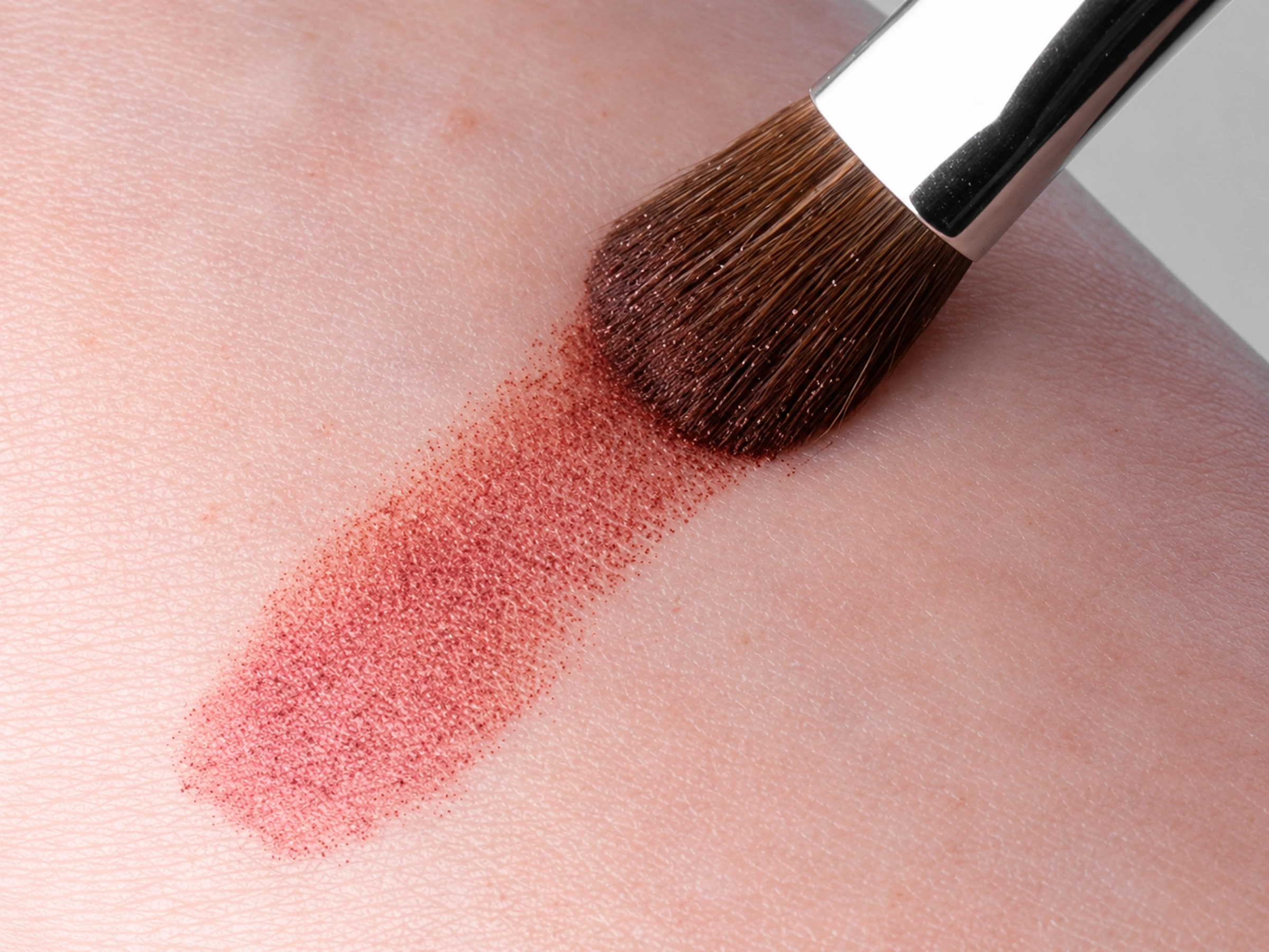 No.14 rounded horse-hair brush head in contact with a red wrist powder swatch