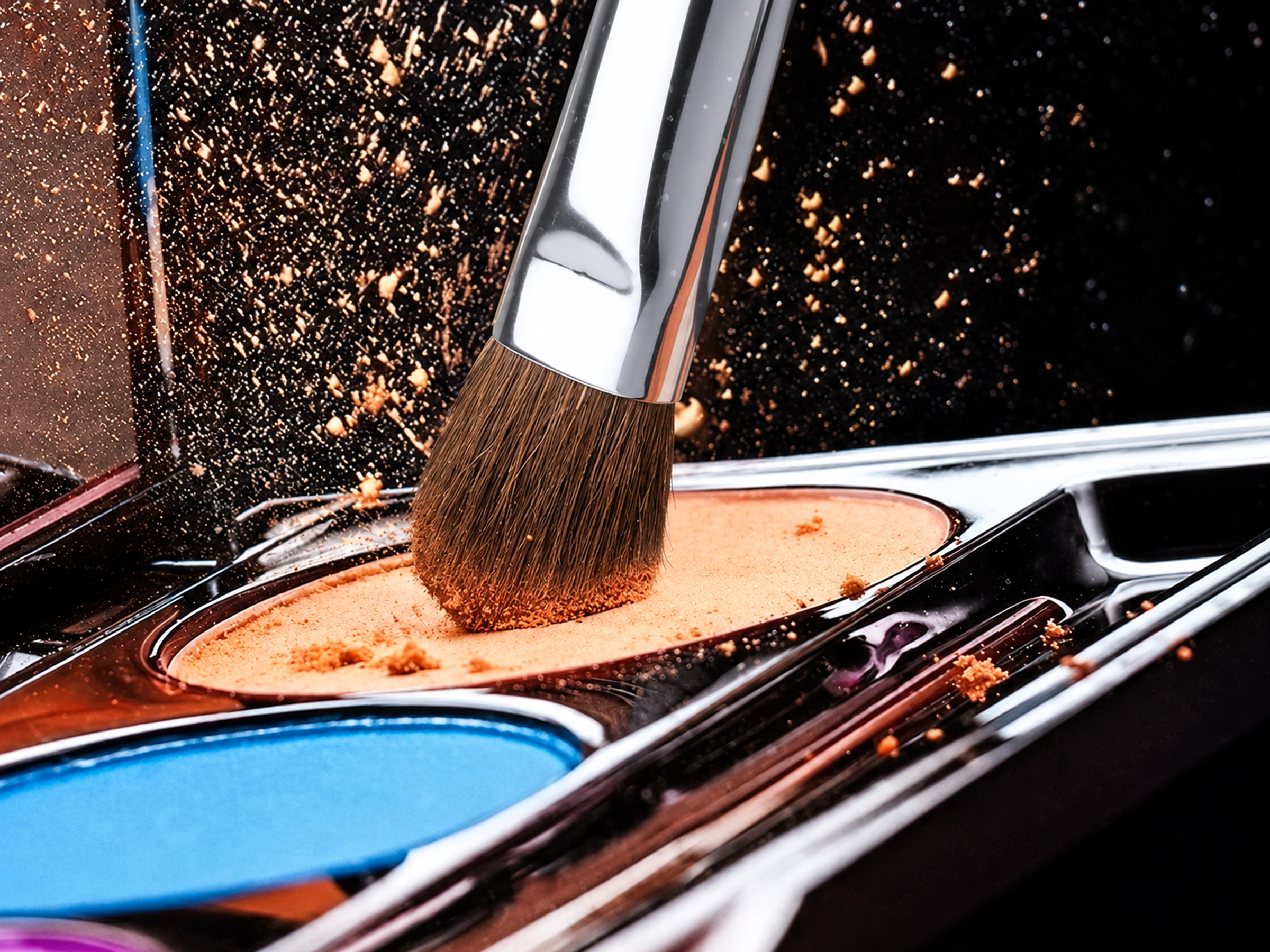 Actual No.14 brown brush head contacting a powder eyeshadow pan
