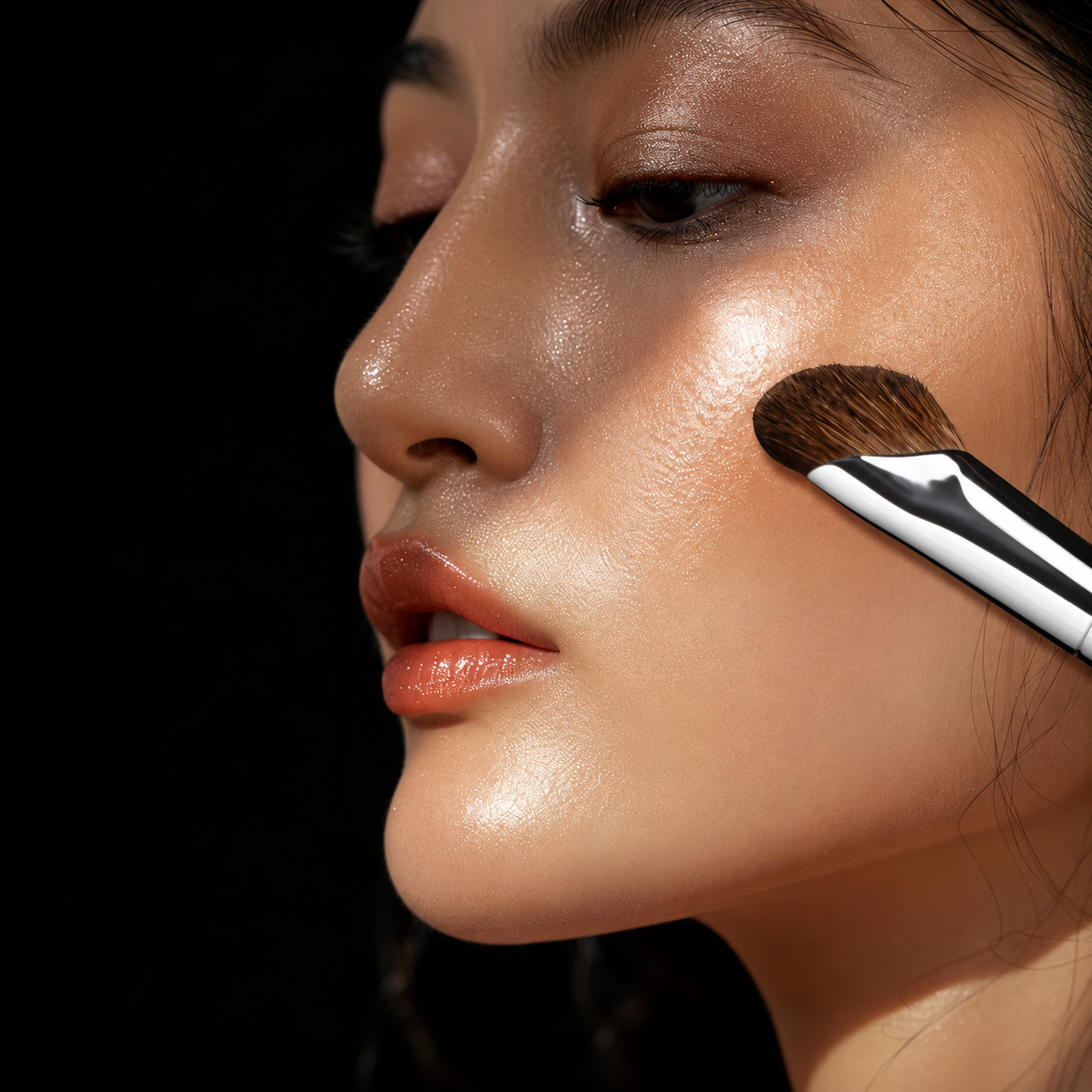 Application example showing the actual curved No.16 brush contacting the cheek