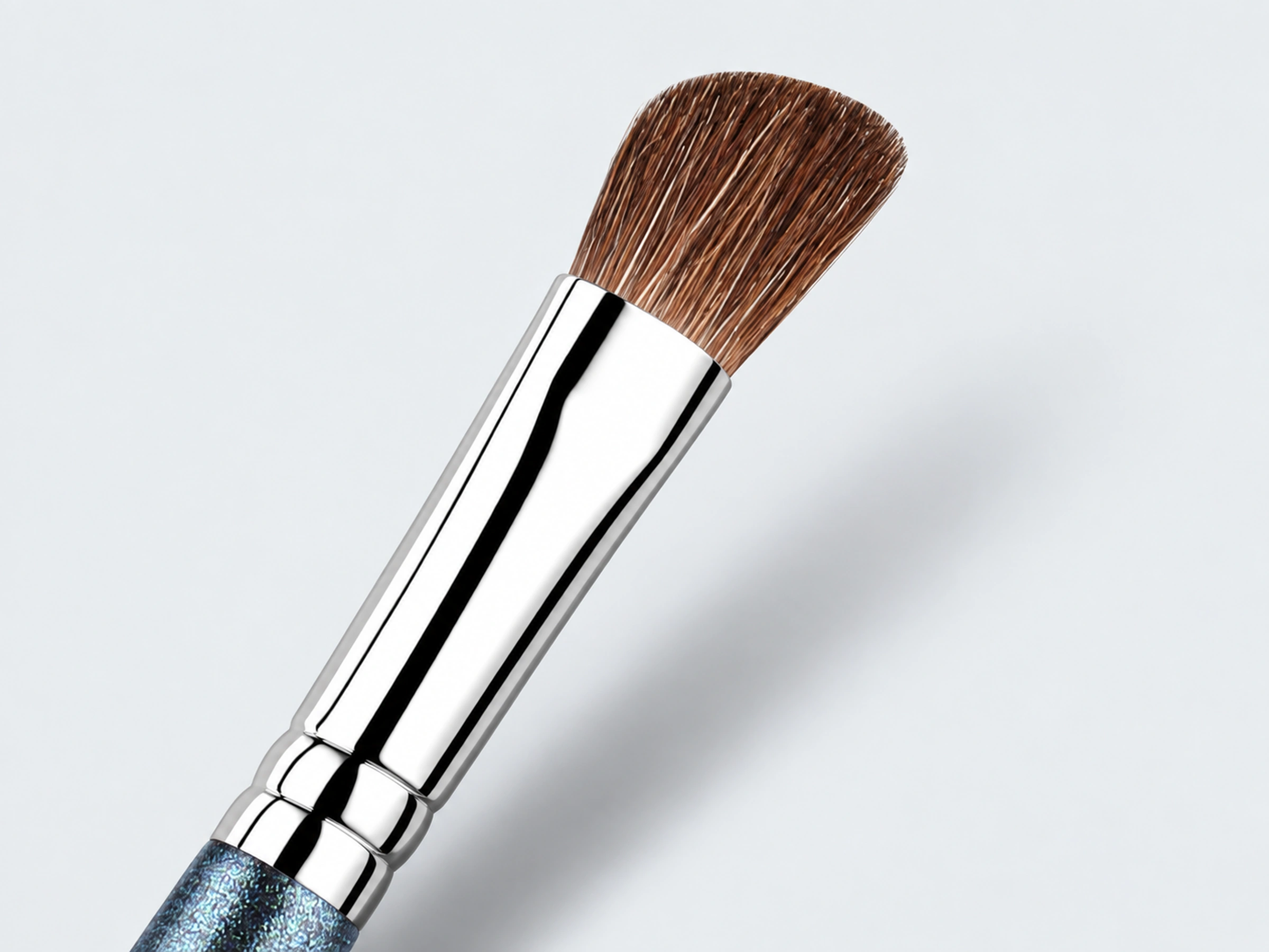 No.275 compact brown angled brush head and polished aluminium ferrule with pearlescent blue handle