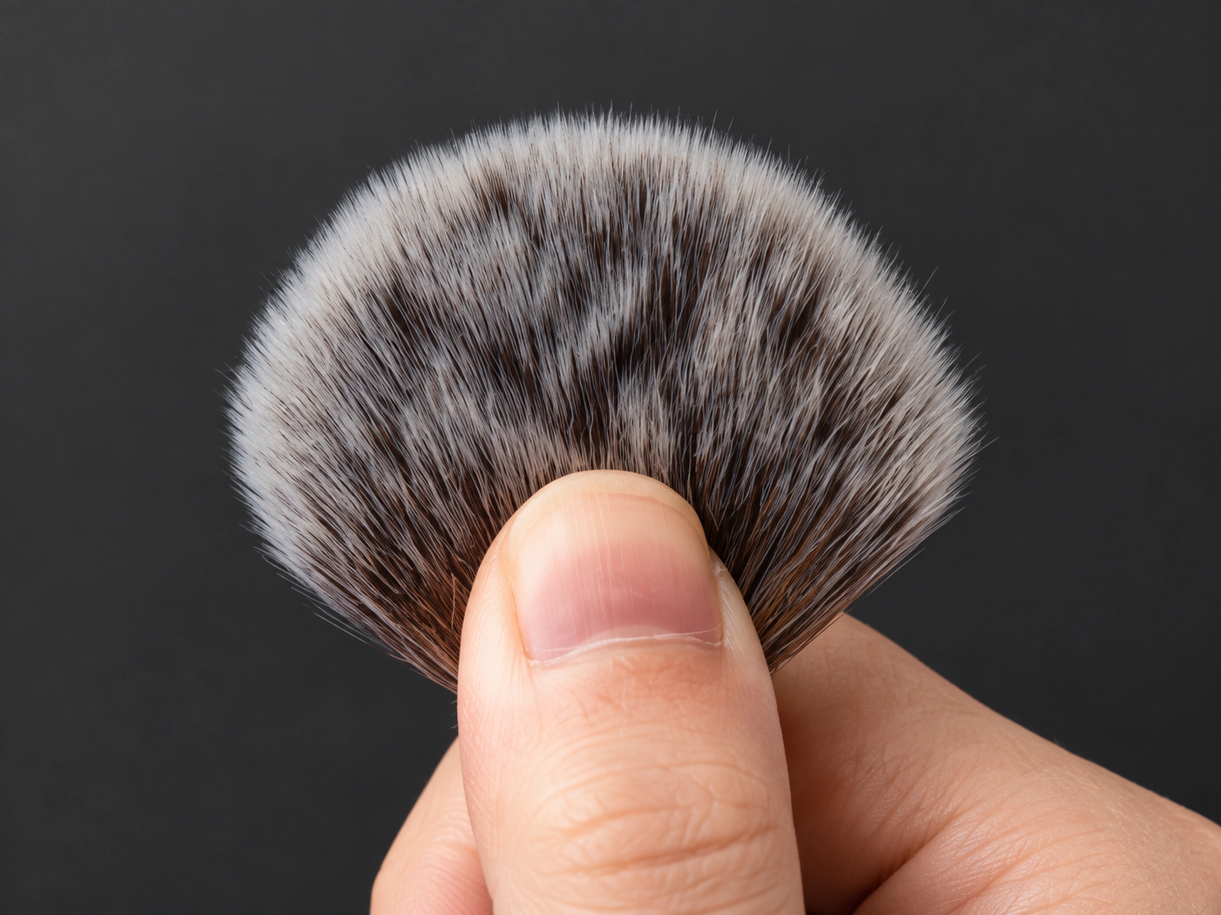 Original No49 grey-brown synthetic fibres gently held by a thumb