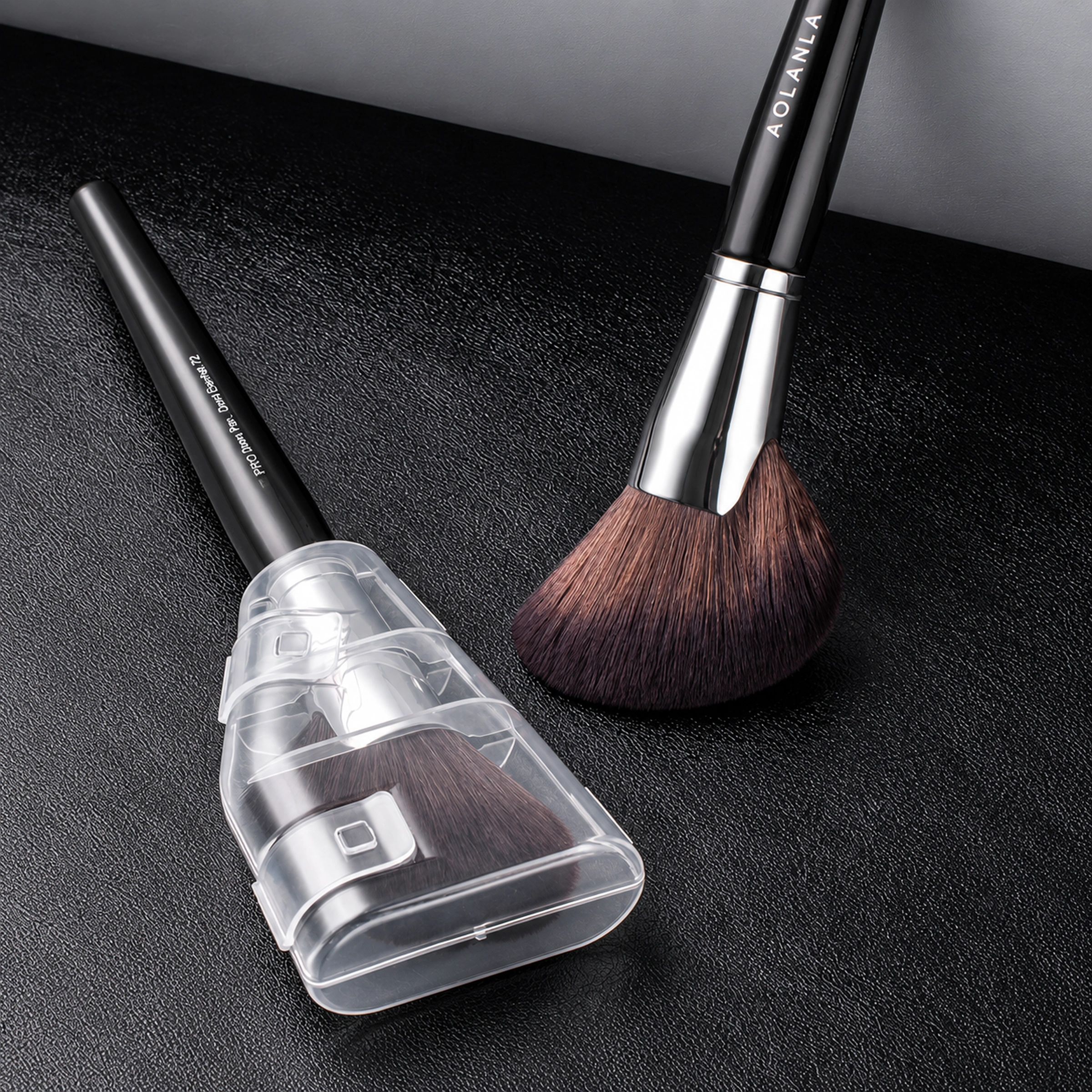 Two views of one No.72 brush design, including its original clear molded hinged protective case