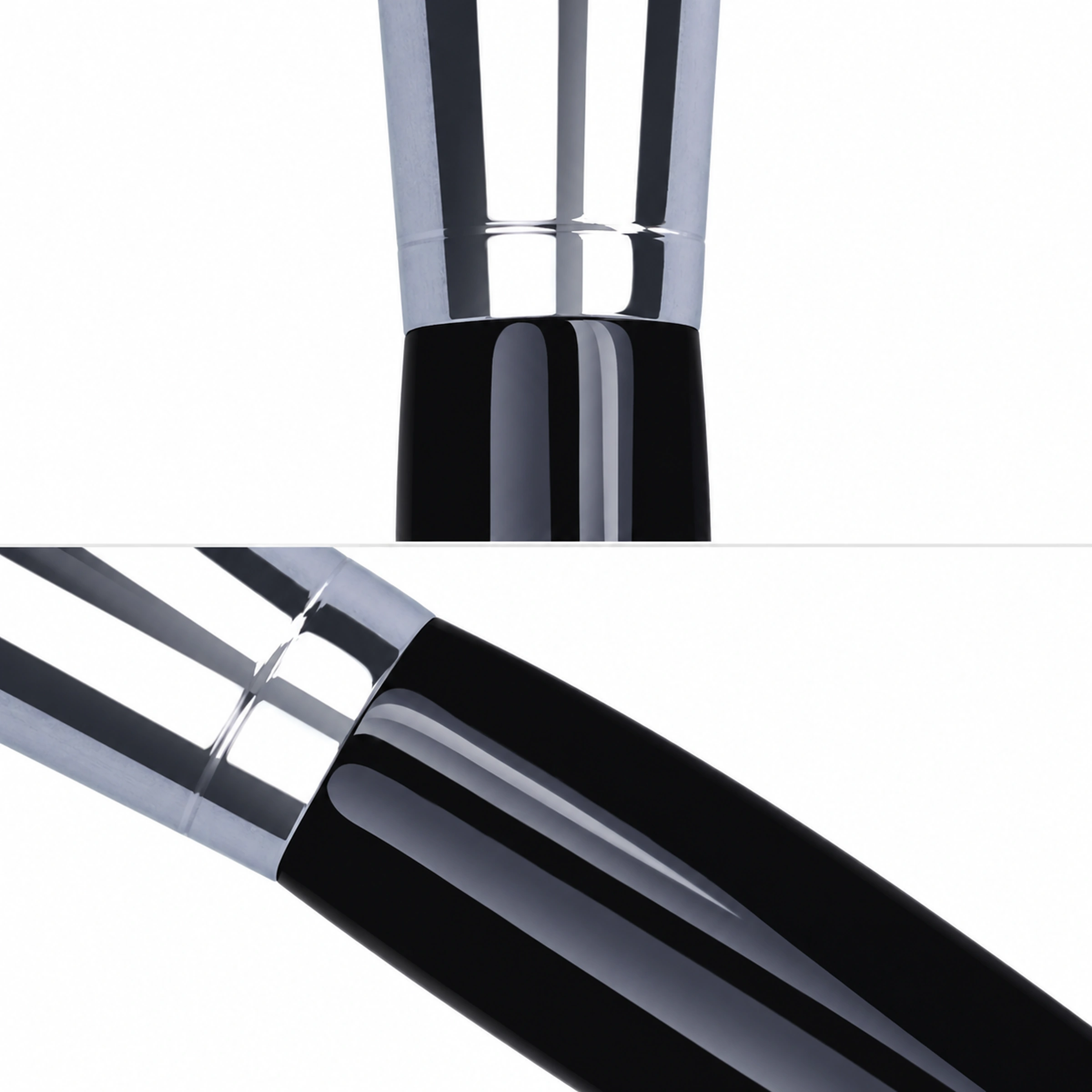Two close views of the original aluminum ferrule and glossy black handle junction