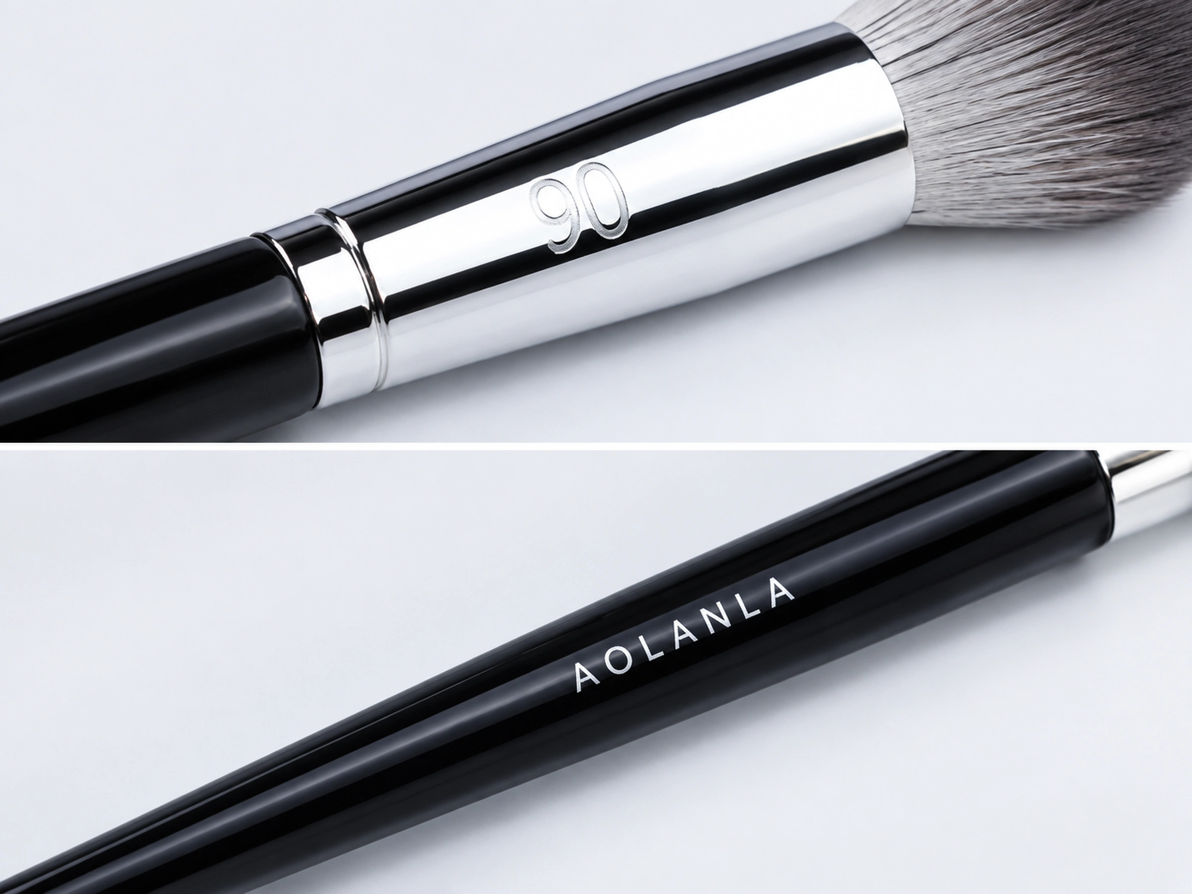 Two close orientations of the No.90 aluminum ferrule and black lacquered wooden handle with original markings