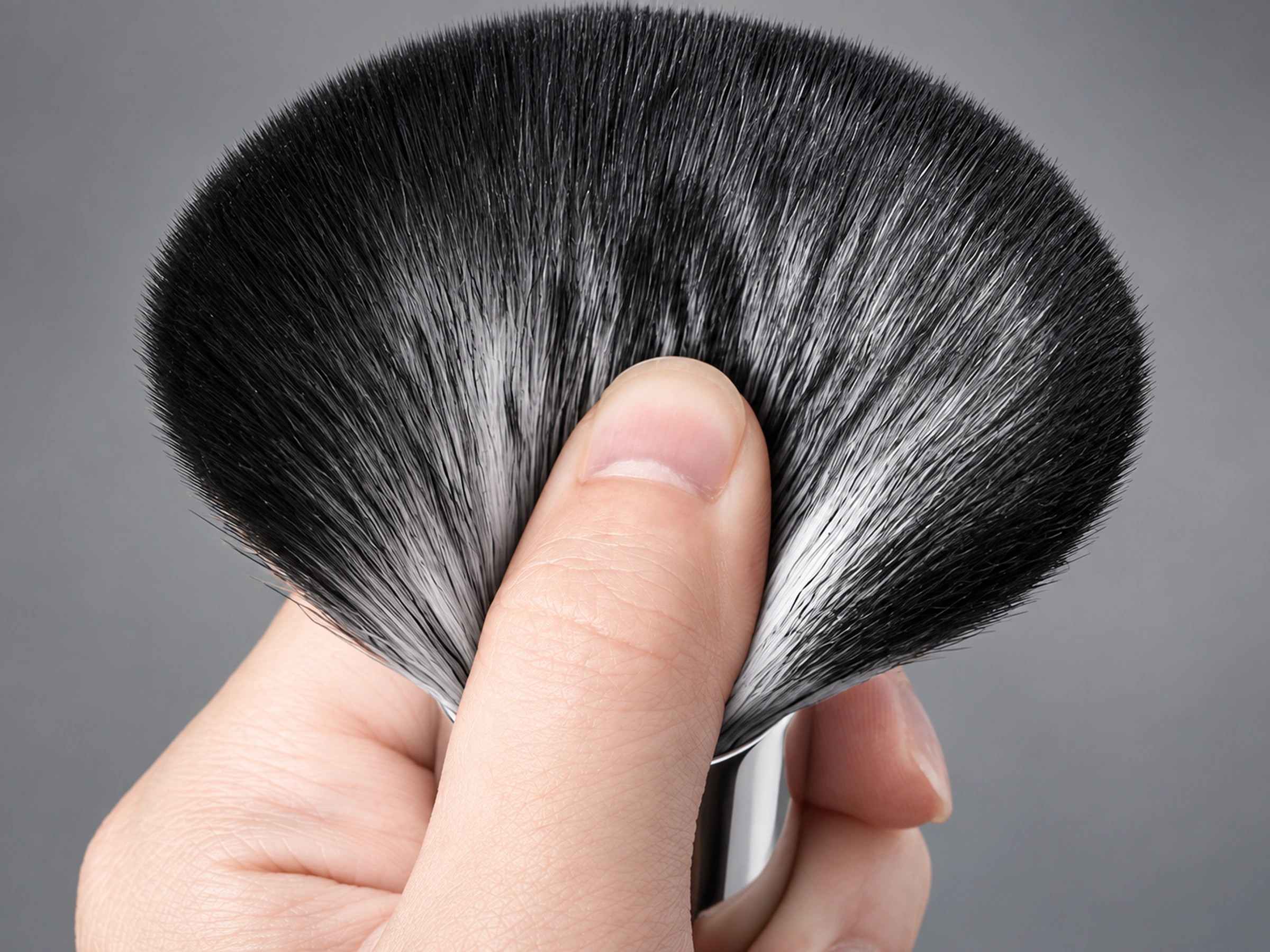 Original No91 large black-tipped gray-based powder fibres gently spread by a thumb