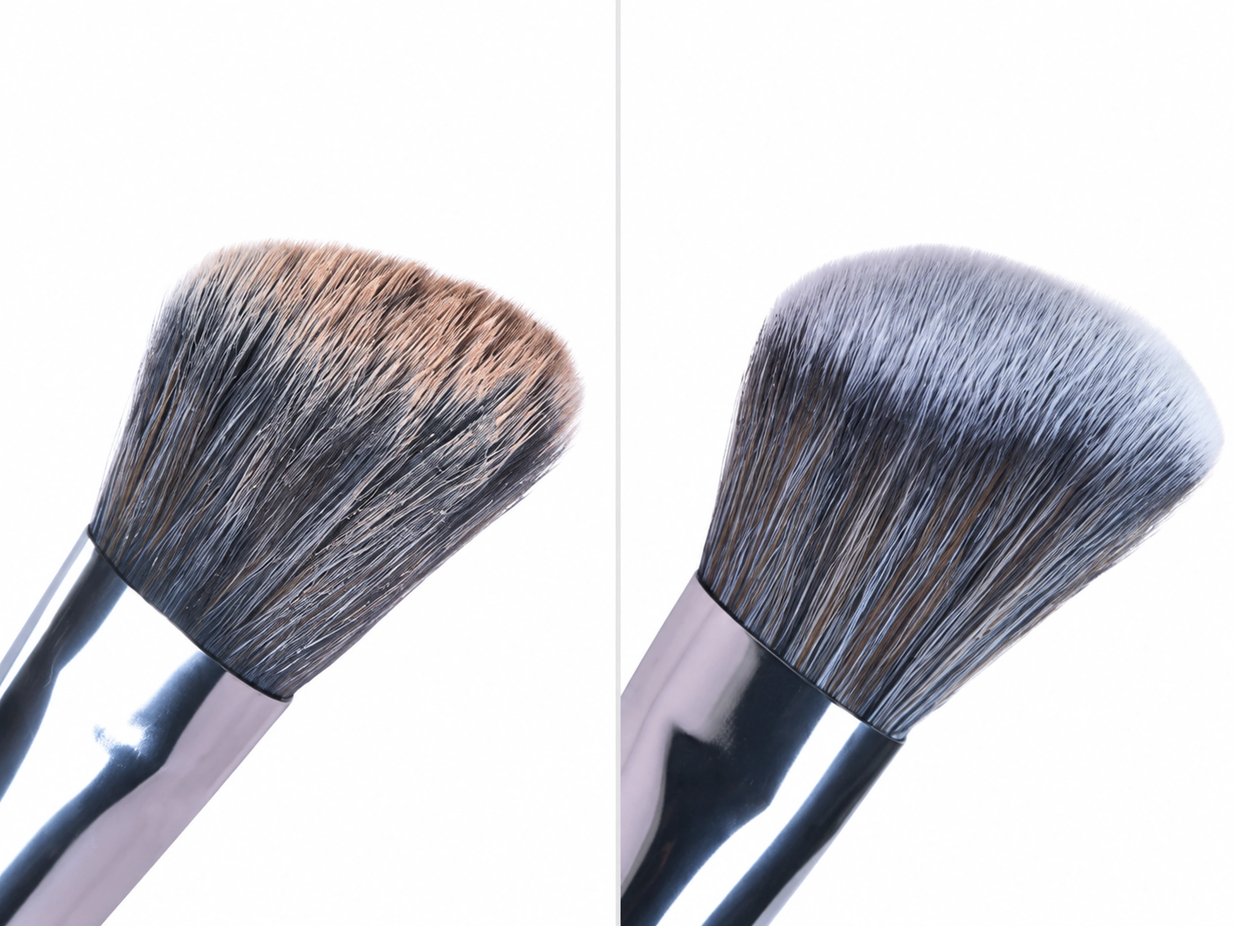 Two actual brush-head photographs showing makeup residue before cleaning and clean fibres afterward