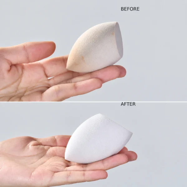 Source-matched before and after cleaning sequence showing a makeup sponge held in one hand