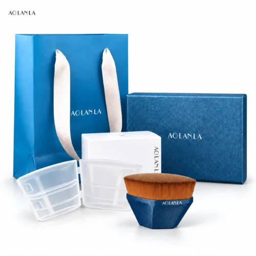 One AOLANLA Dazzling Blue 55 brush with storage case, inner carton, blue gift box and gift bag on white