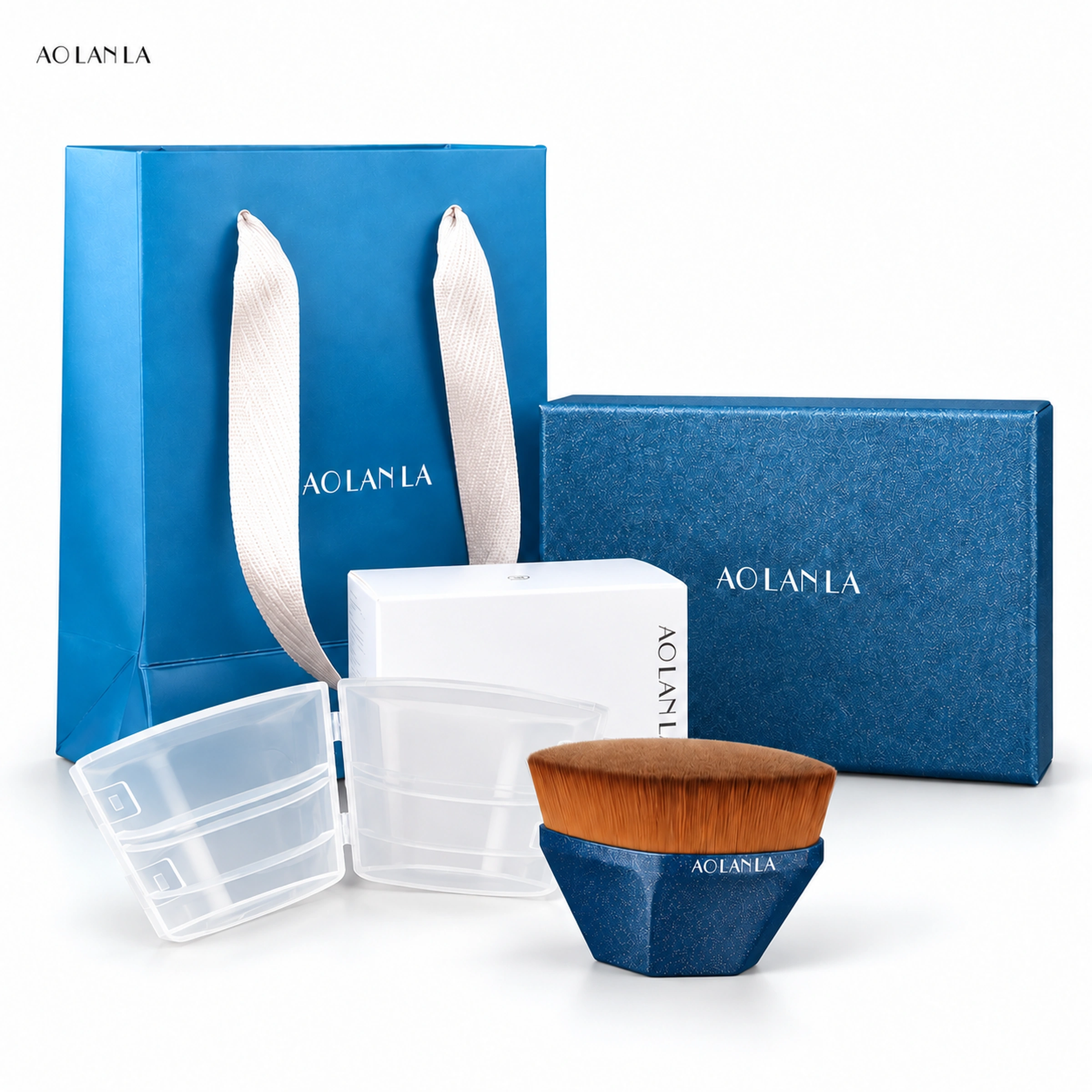 One AOLANLA Dazzling Blue 55 brush with storage case, inner carton, blue gift box and gift bag on white