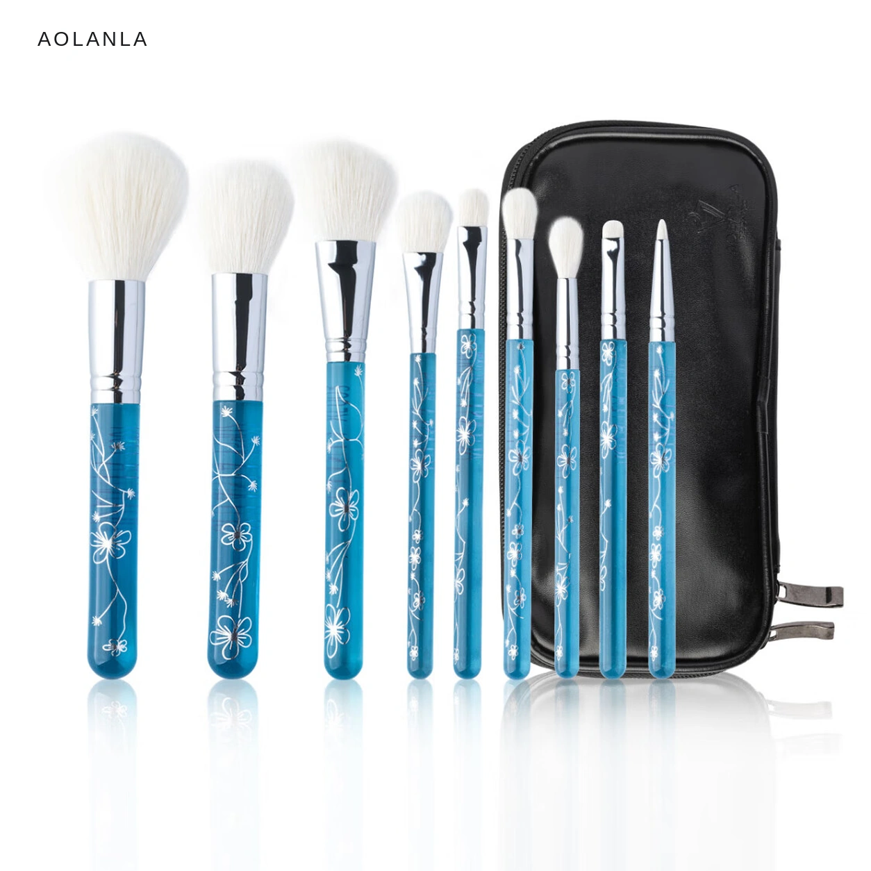 The complete nine-brush Ice Blue Sakura collection with its actual black zip case