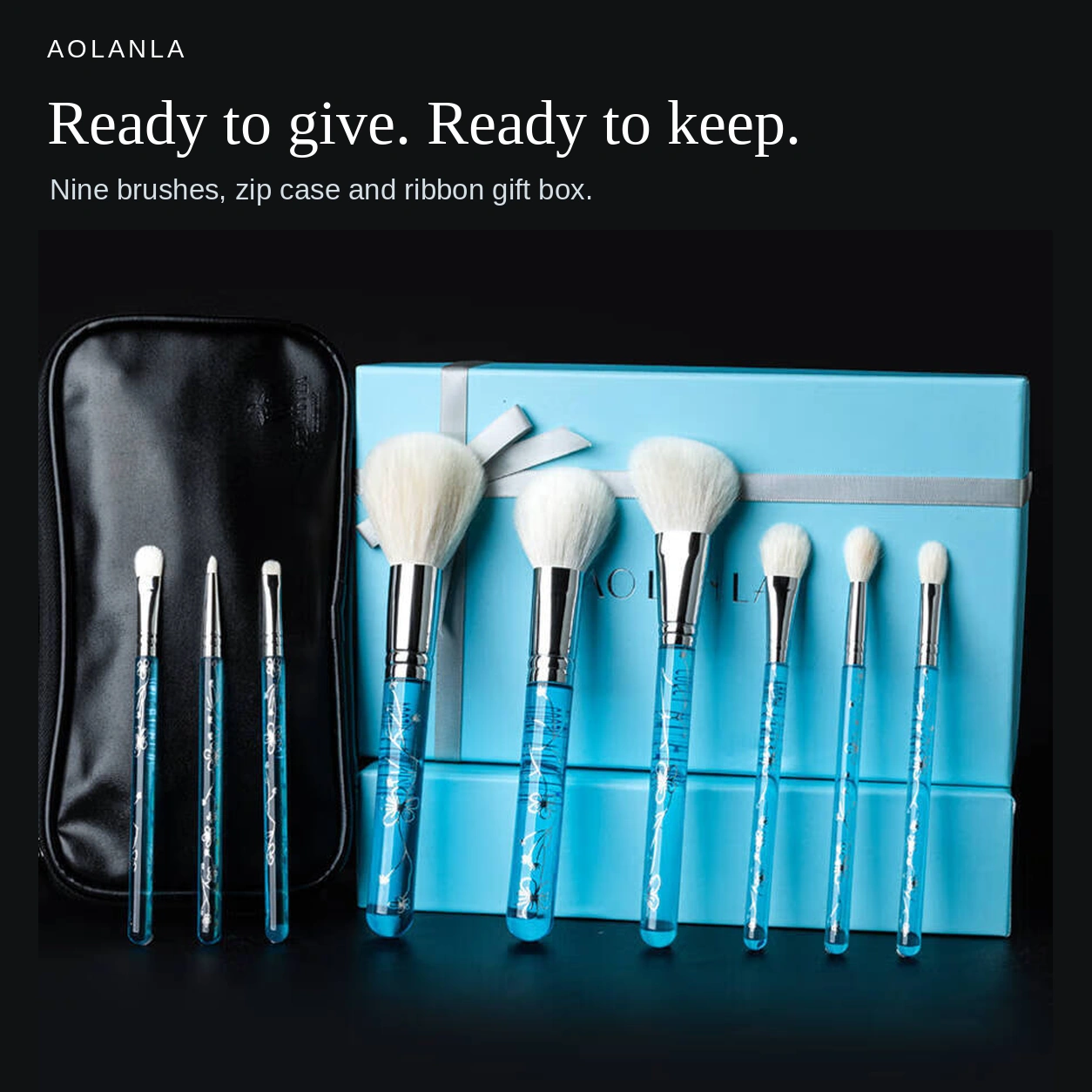 Complete nine brushes with black zip case and ribboned ice-blue gift box