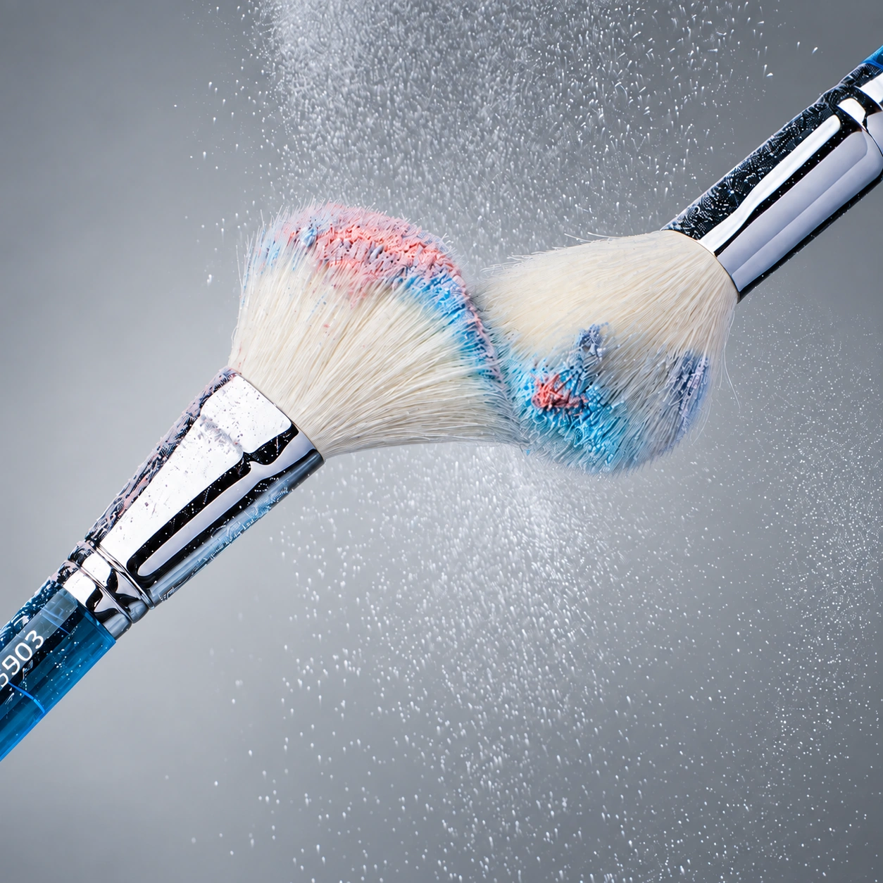 Two ivory goat-hair brush heads touching with visible pink and blue cosmetic powder on the tips