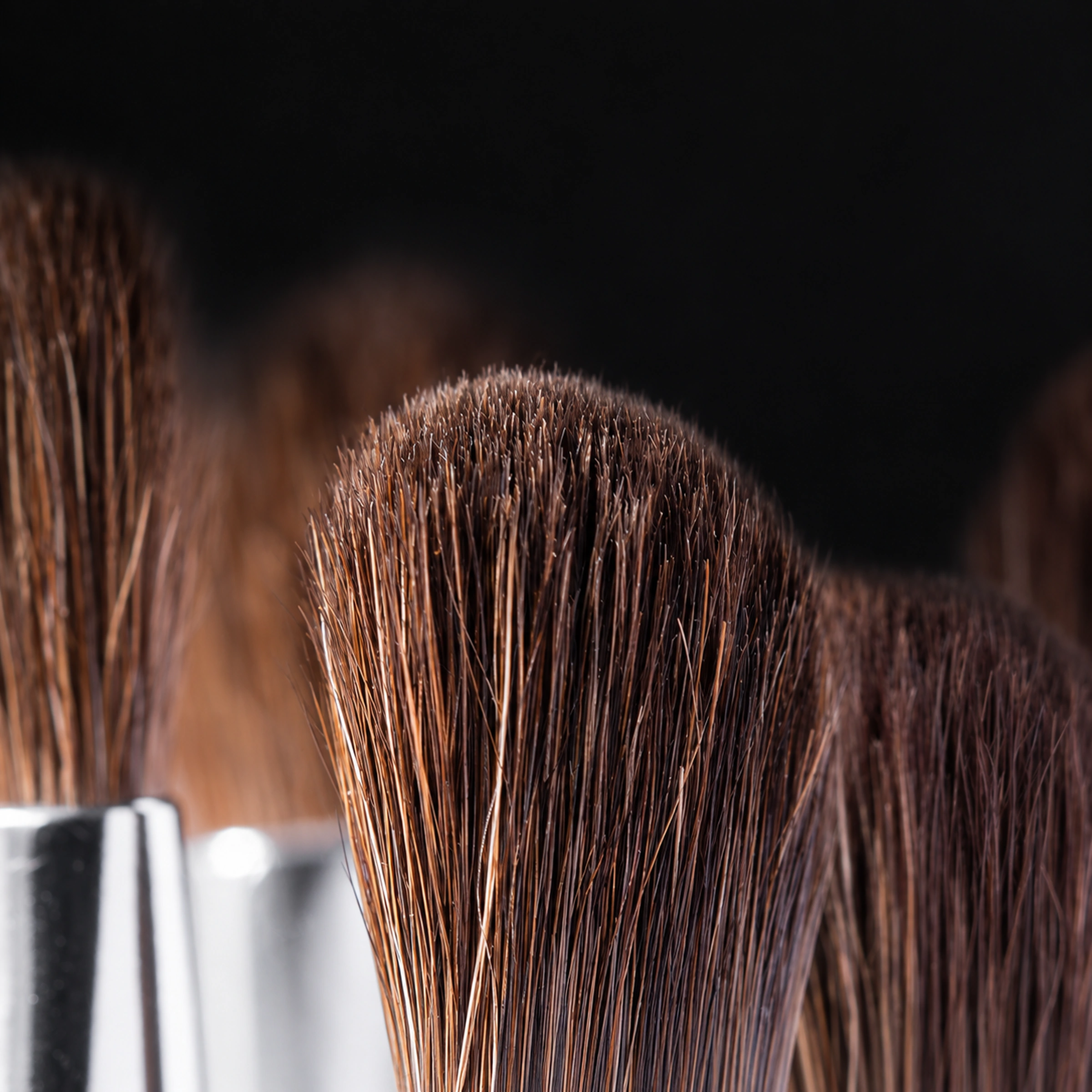 Close-up of the Master eye brush set's natural brown pony-hair bristles