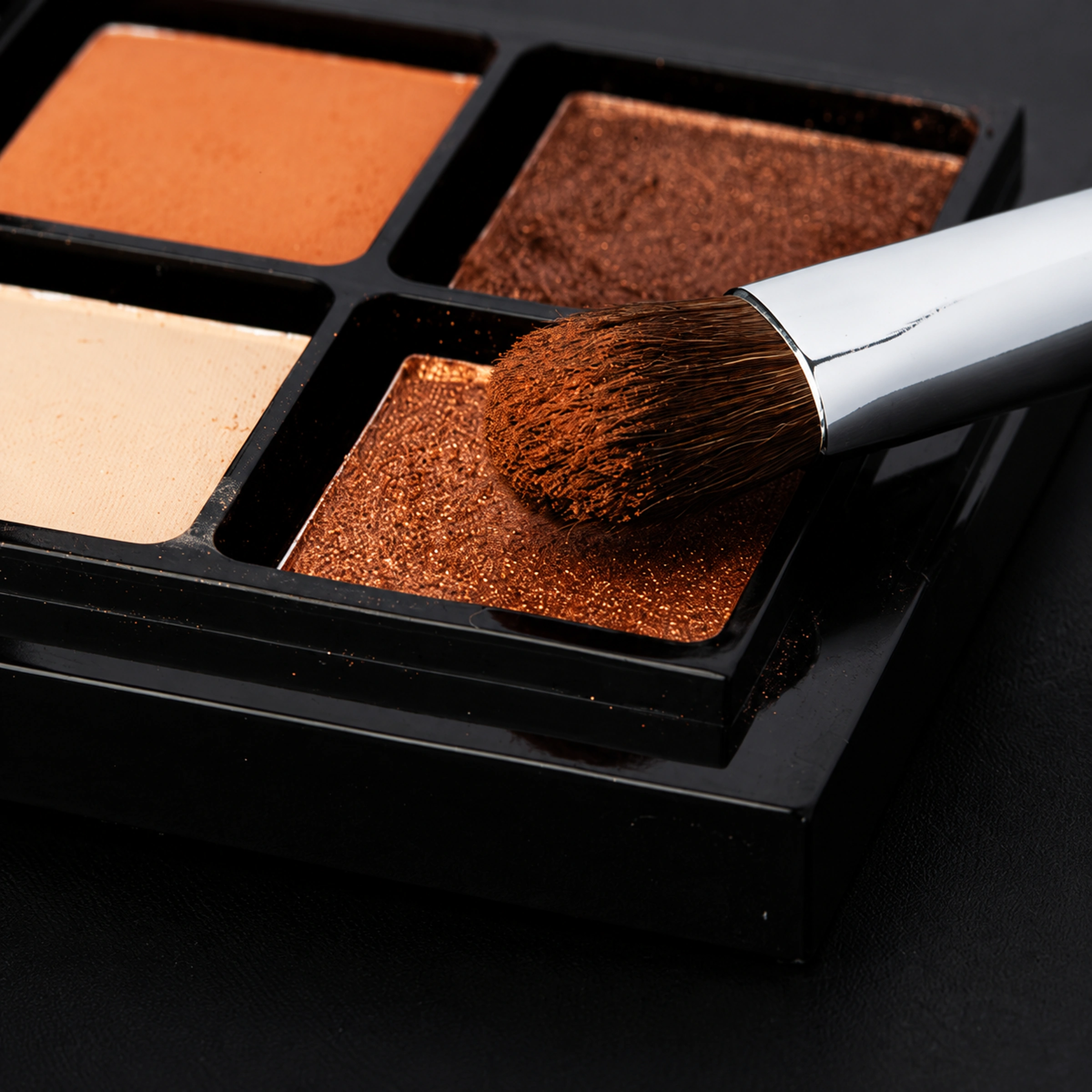 A Master eye brush picking up bronze powder from an eyeshadow palette