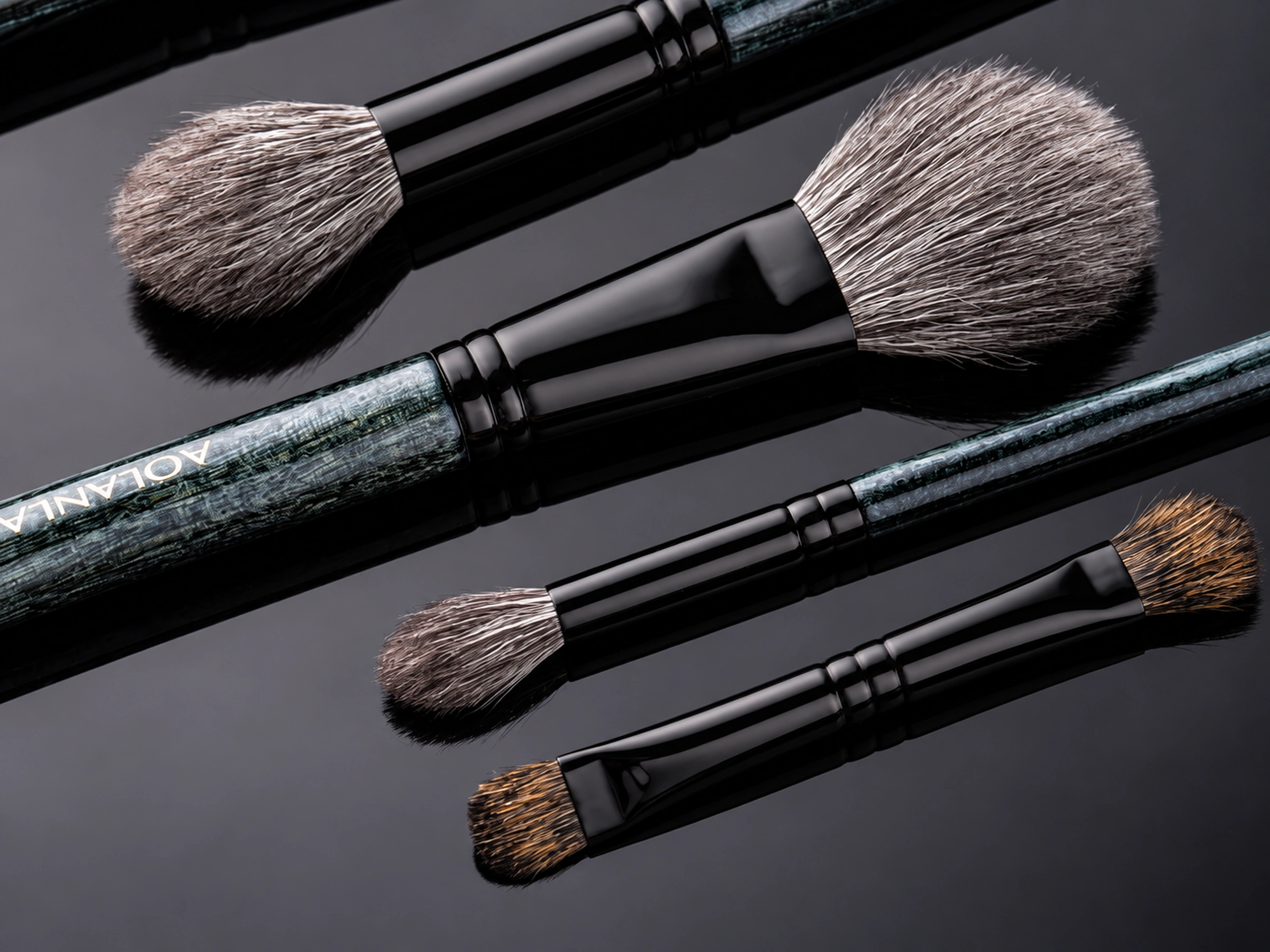 Four original working brush shapes with black metal and blue-green grips