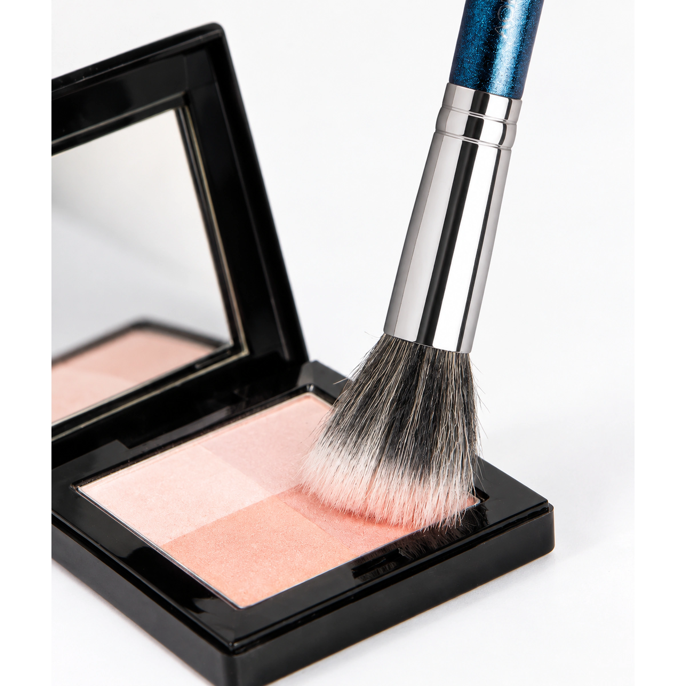 The actual black-and-white stippling brush picking up pink powder from a compact