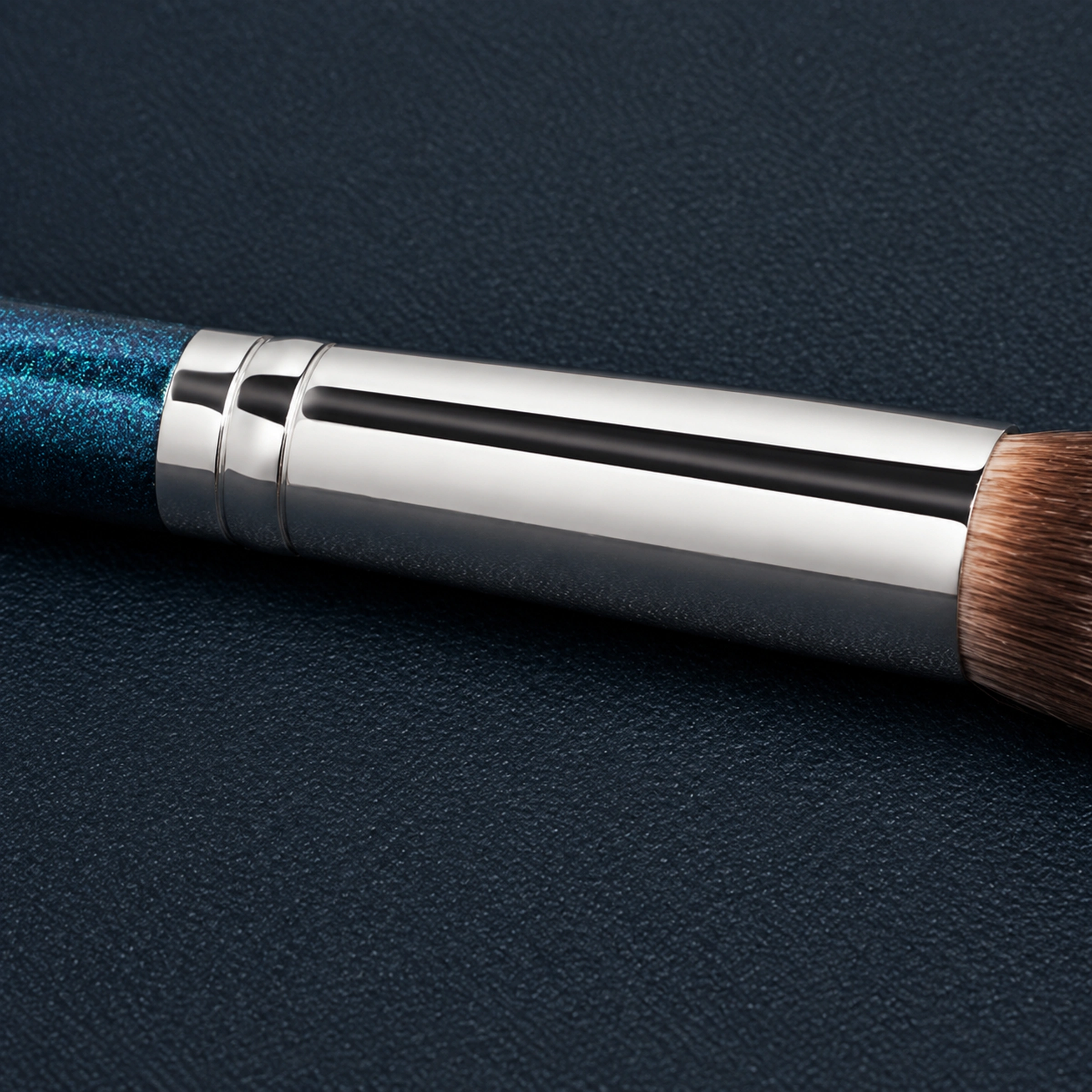 Macro of the polished aluminium ferrule and its exact junction to the blue handle