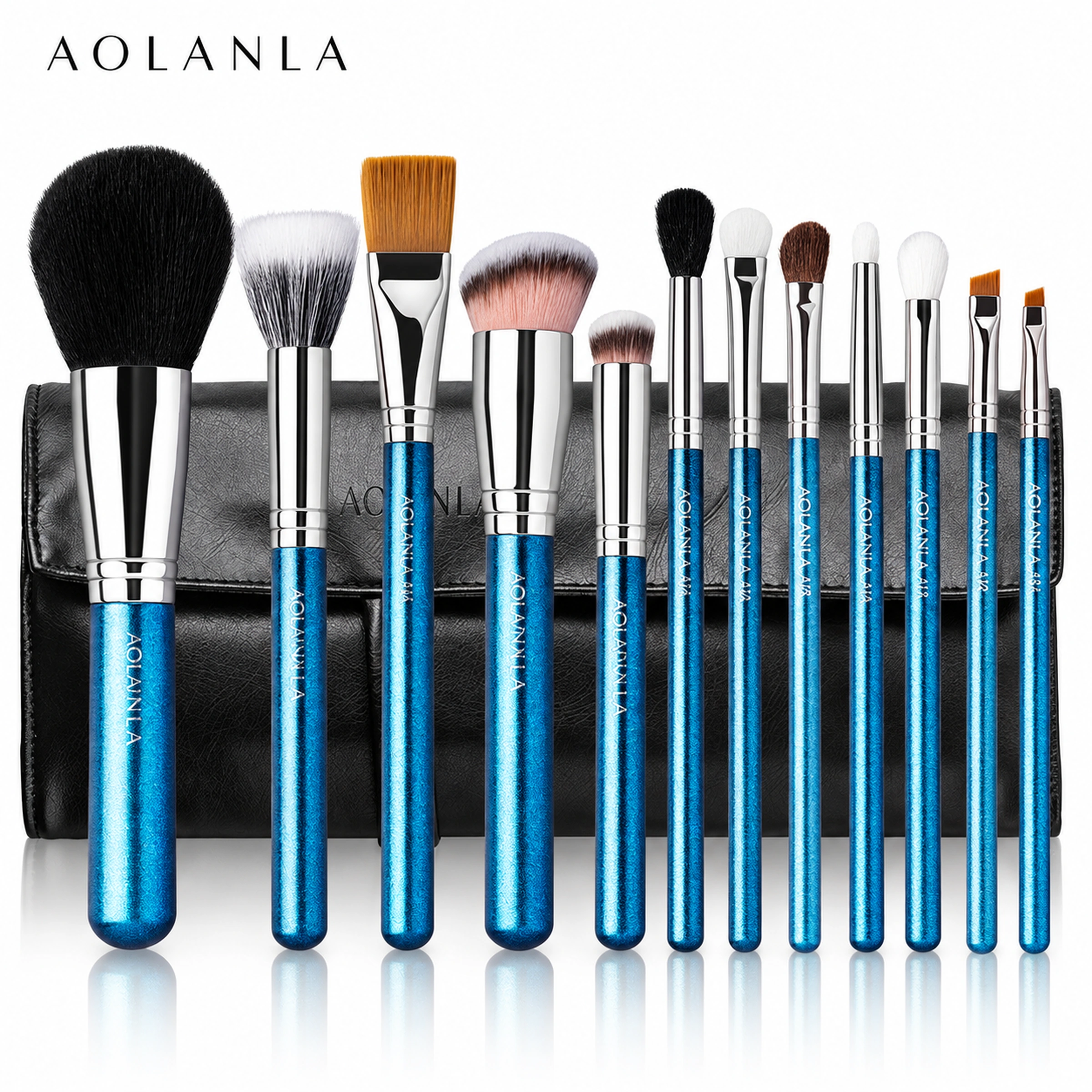 Twelve actual brushes with blue pearlescent handles and black folding pouch on pure white